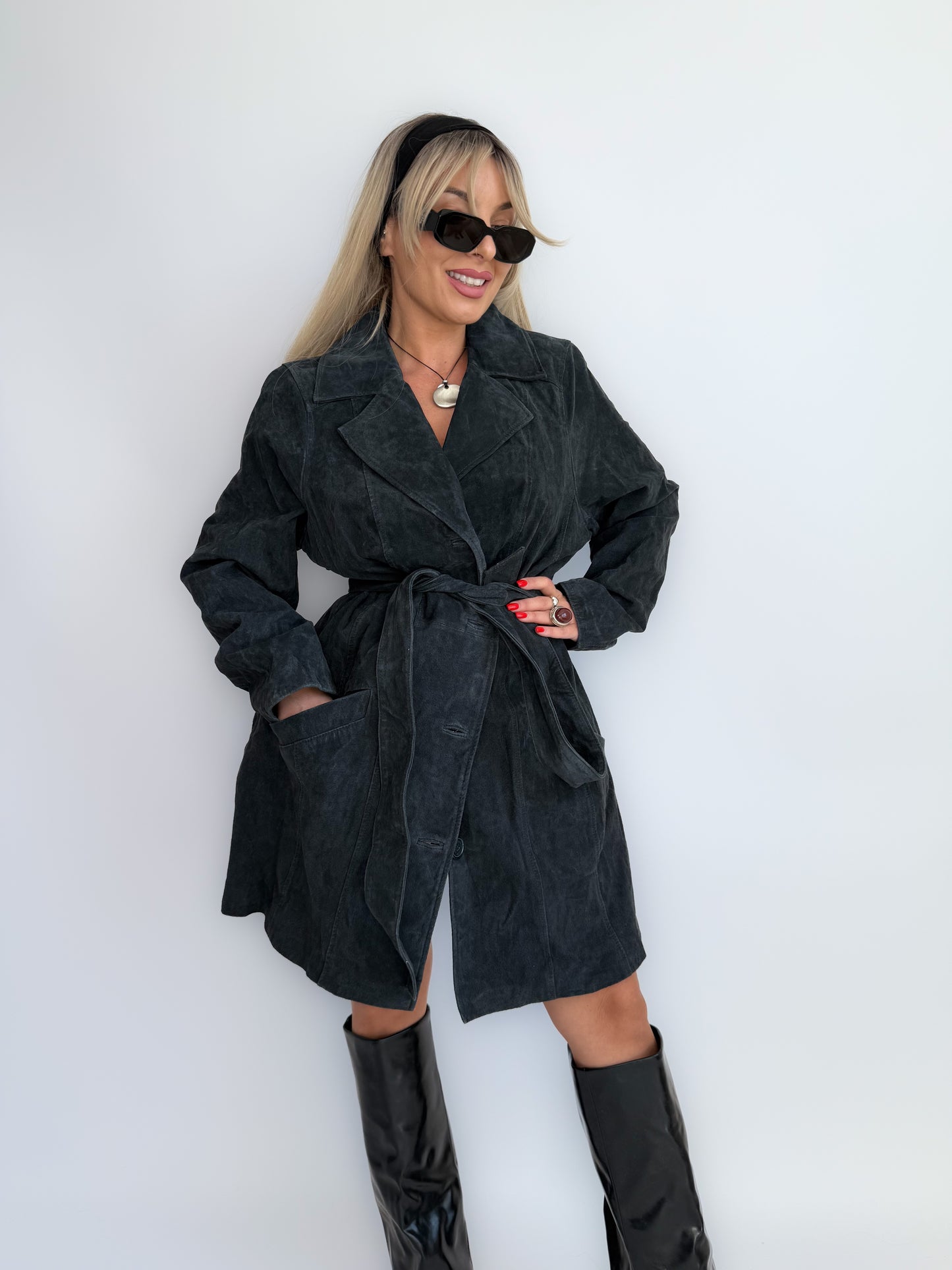 Vintage 90s Navy Blue Washable Suede Trench Coat – Oversized Plus Size Y2K Statement Fall Jacket with Waist Belt L