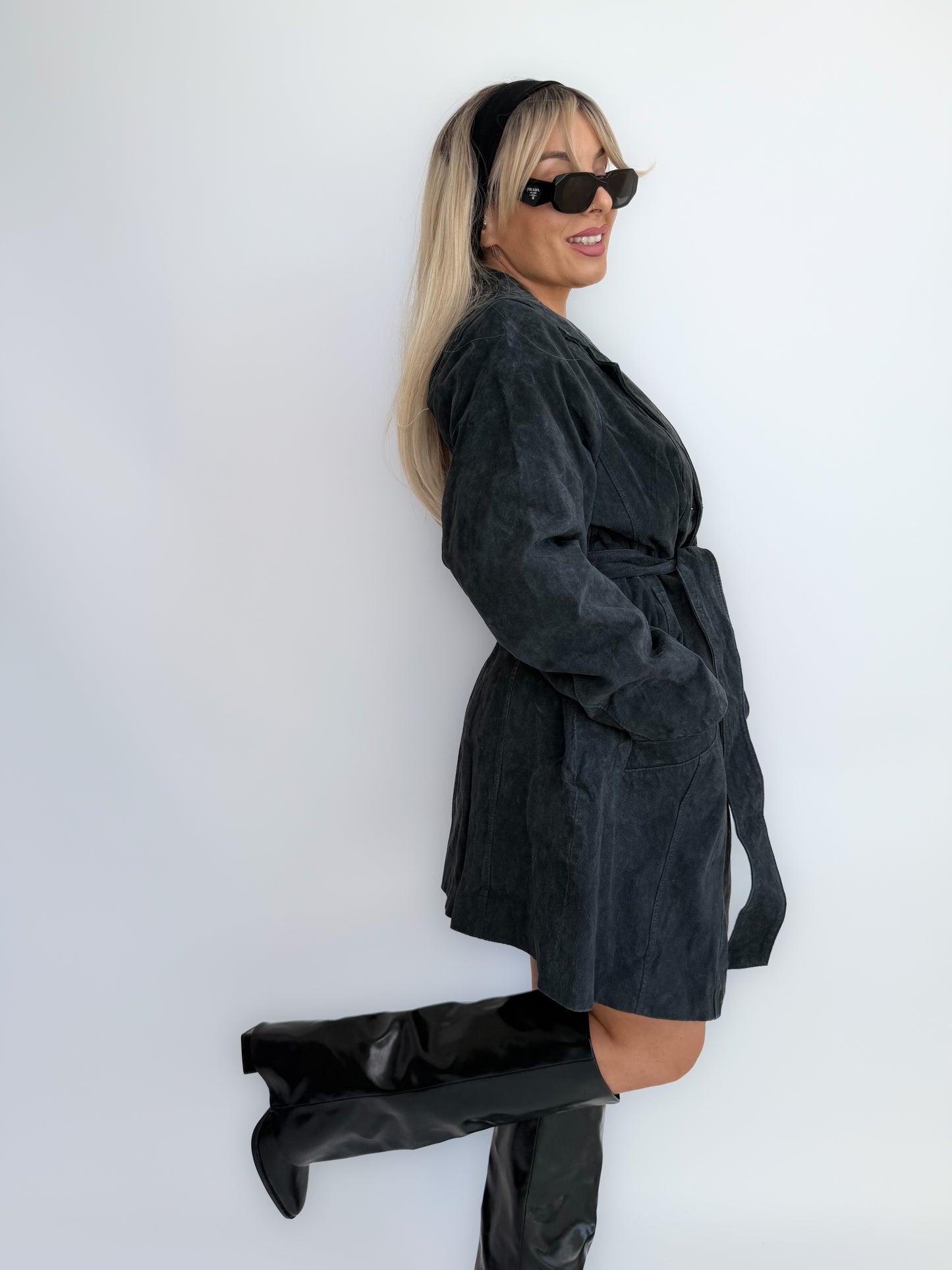 Vintage 90s Navy Blue Washable Suede Trench Coat – Oversized Plus Size Y2K Statement Fall Jacket with Waist Belt L