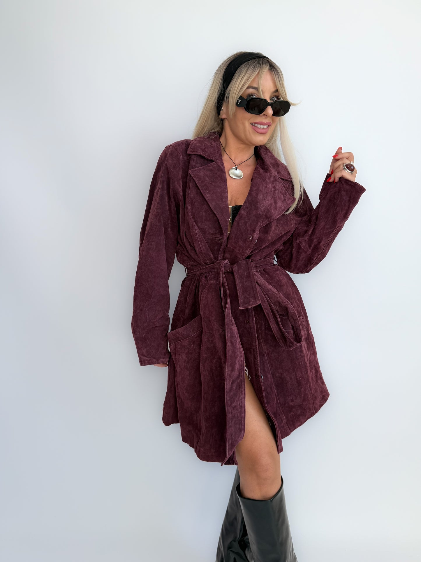Vintage Plum Burgundy Suede Trench Coat – Genuine Washable Leather Jacket with Waist Belt L-XL