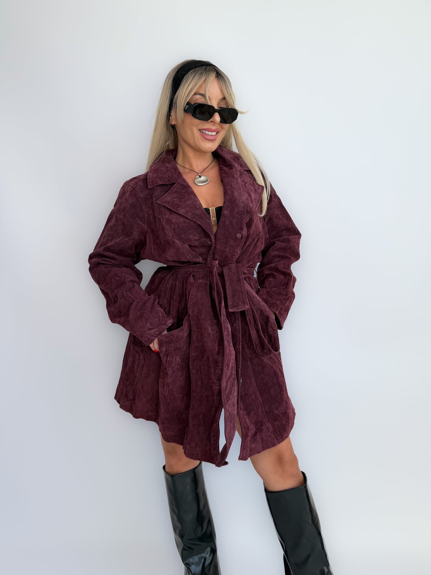 Vintage Plum Burgundy Suede Trench Coat – Genuine Washable Leather Jacket with Waist Belt L-XL