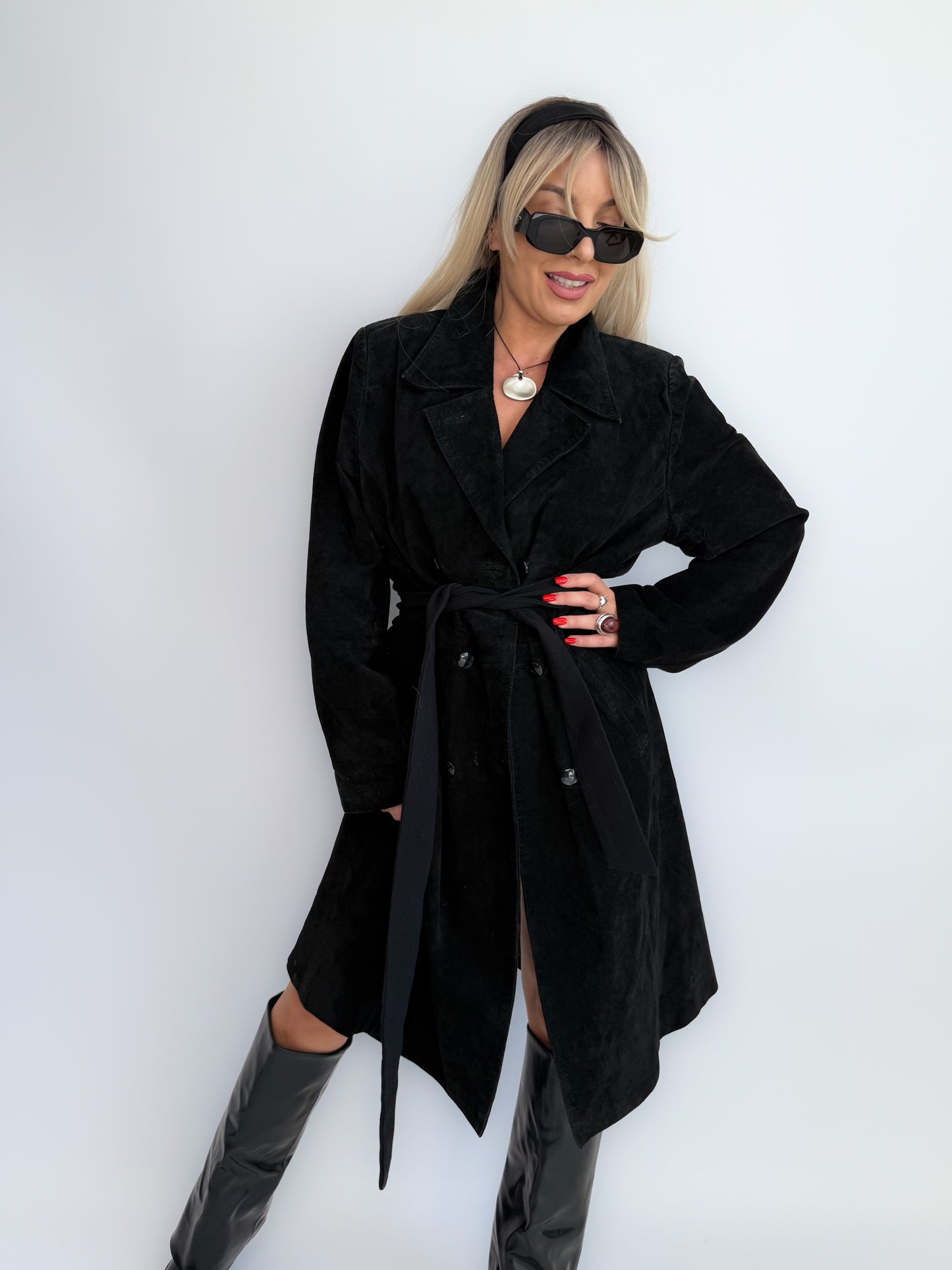 Vintage Black Suede Trench Coat – Classic Double-Breasted Leather Fall Statement Jacket S-M