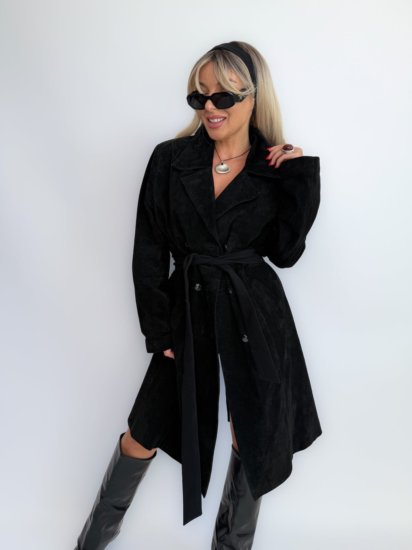 Vintage Black Suede Trench Coat – Classic Double-Breasted Leather Fall Statement Jacket S-M