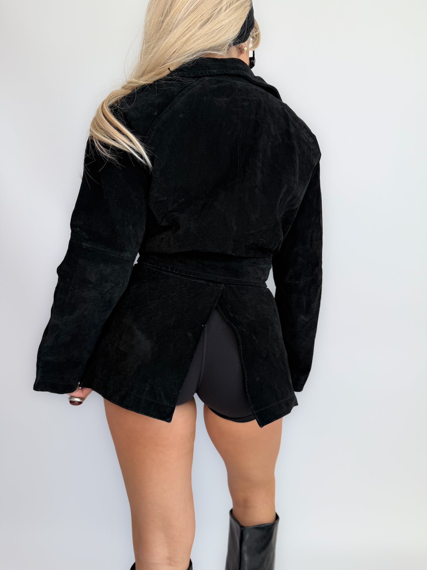 Vintage Black Natural Suede Leather Coat with Waist Tie - Fall Suede Jacket S-M