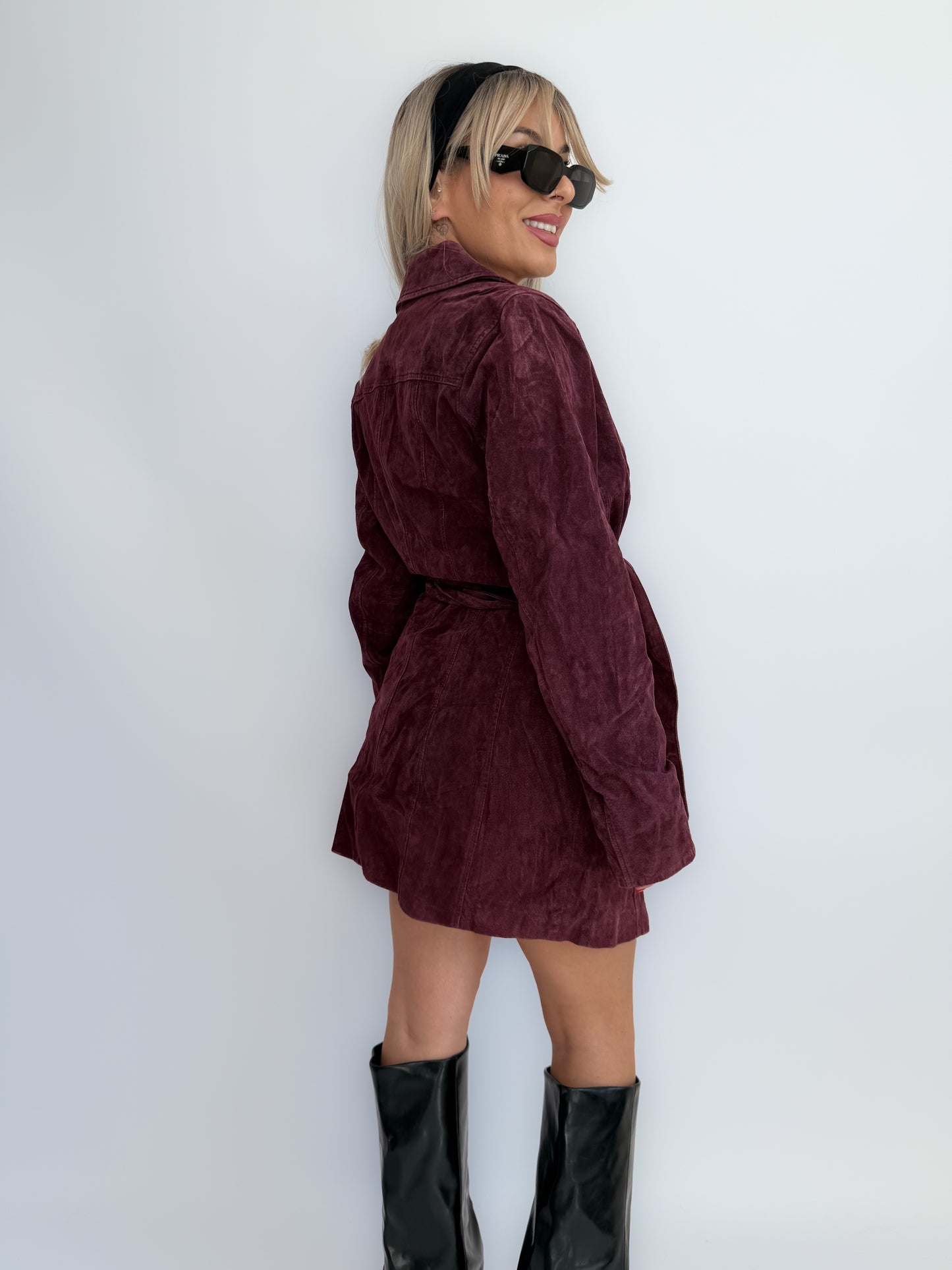 Vintage Burgundy Plum Natural Suede Leather Trench Coat – Belted Waist, Fall Y2K Statement Mid Length Jacket XS