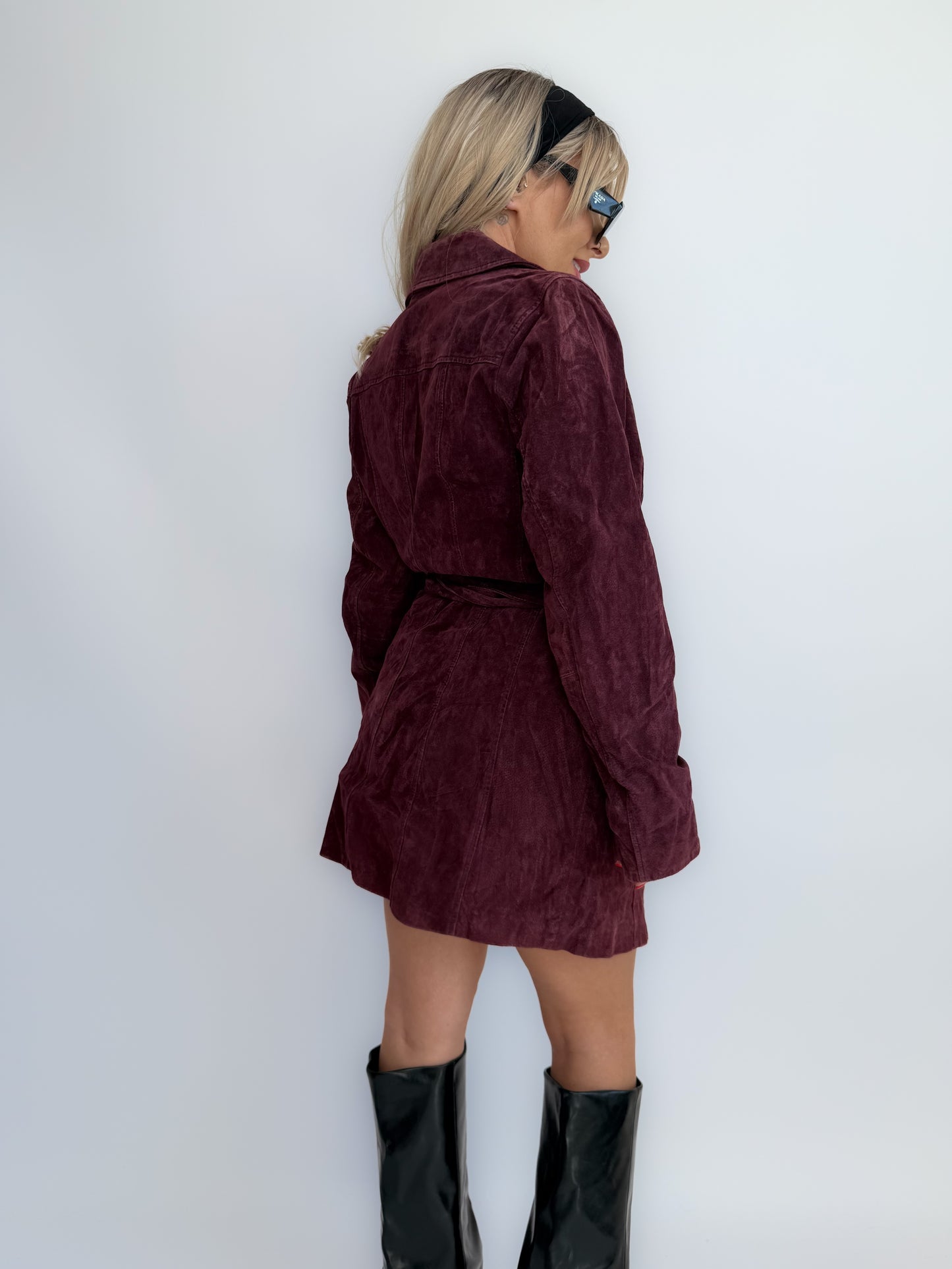 Vintage Burgundy Plum Natural Suede Leather Trench Coat – Belted Waist, Fall Y2K Statement Mid Length Jacket XS