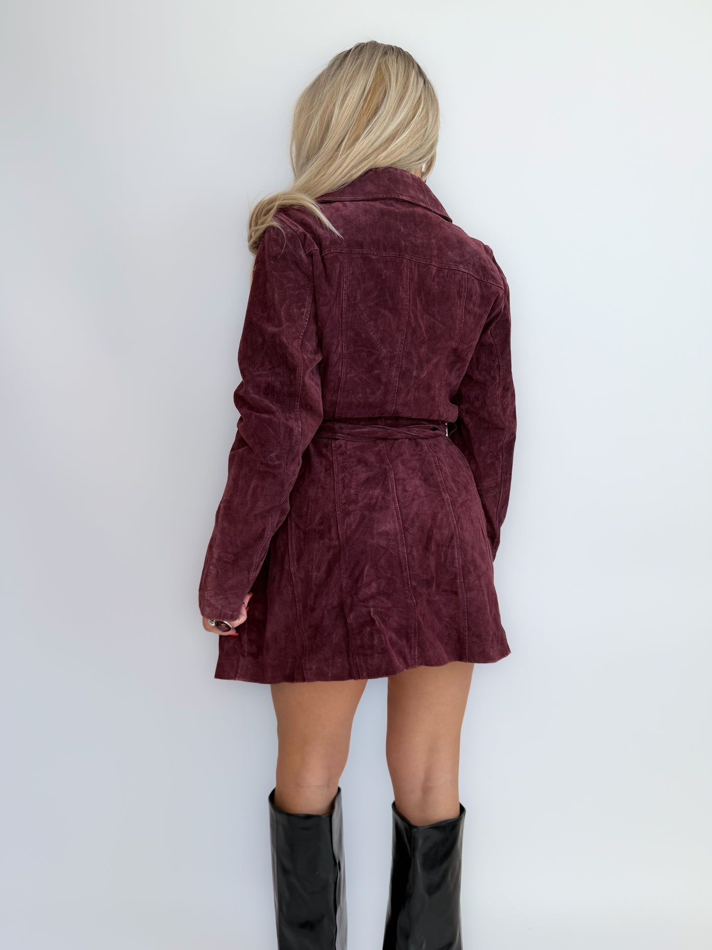 Vintage Burgundy Plum Natural Suede Leather Trench Coat – Belted Waist, Fall Y2K Statement Mid Length Jacket XS