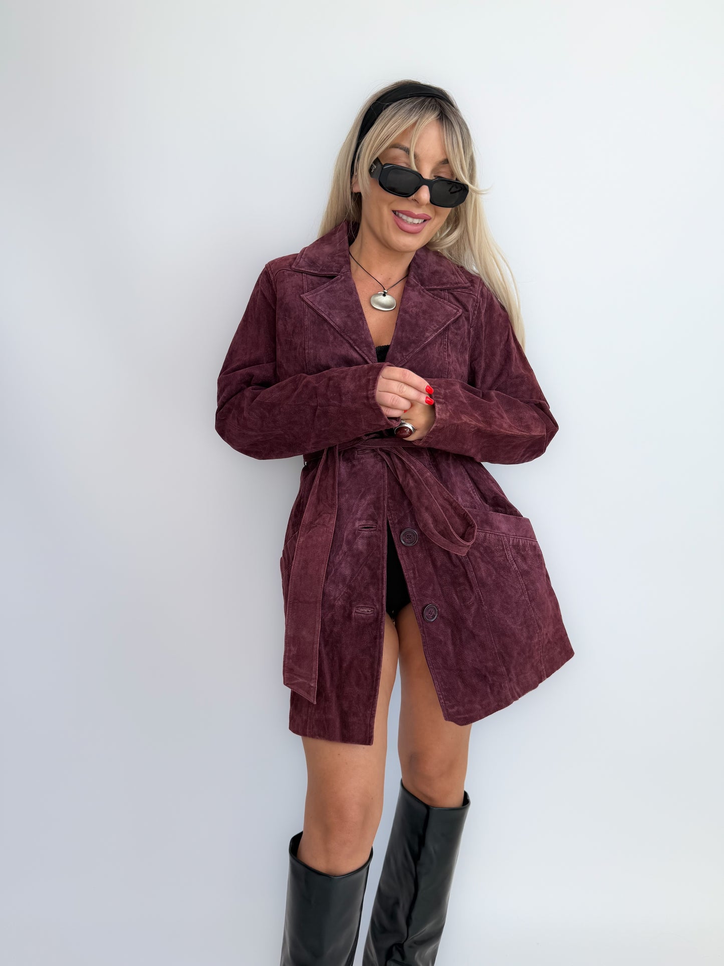 Vintage Burgundy Plum Natural Suede Leather Trench Coat – Belted Waist, Fall Y2K Statement Mid Length Jacket XS