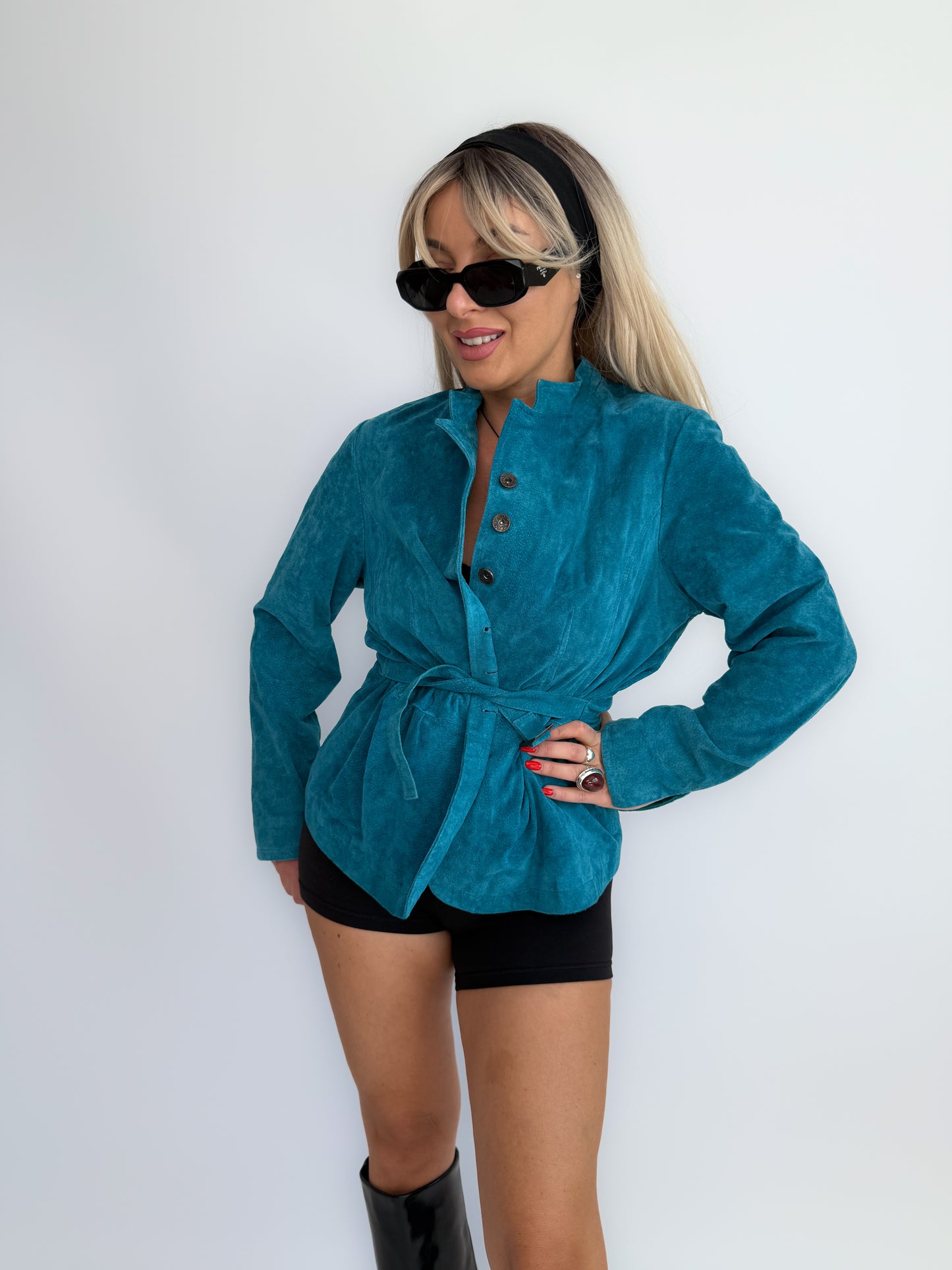 Deep Teal Leather Festival Jacket – Vintage Medium Belted Boho Coat for Fall & Winter
