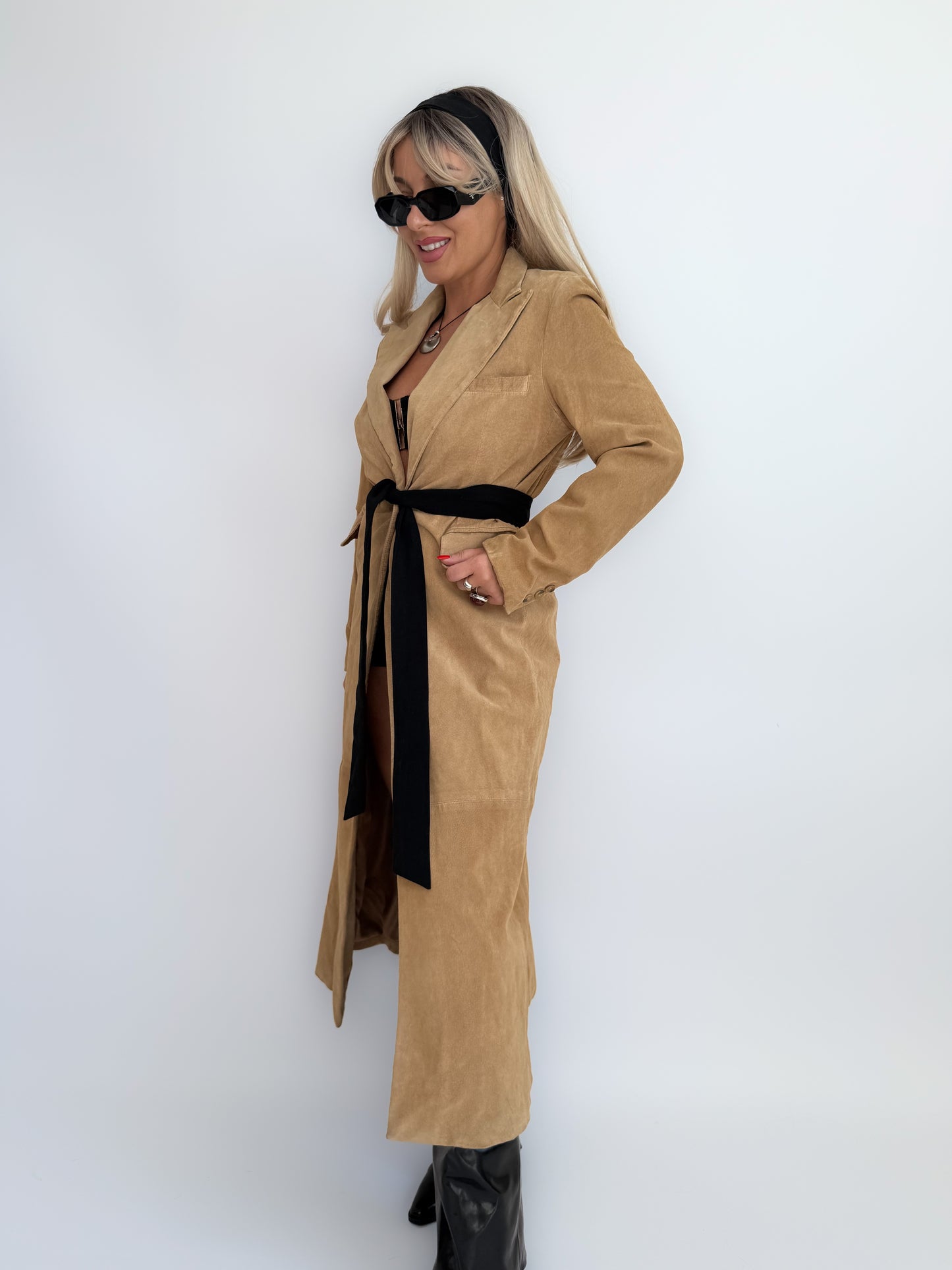 Vintage Tan Suede Leather Coat – Full Length Button-Up Long Jacket Genuine Leather