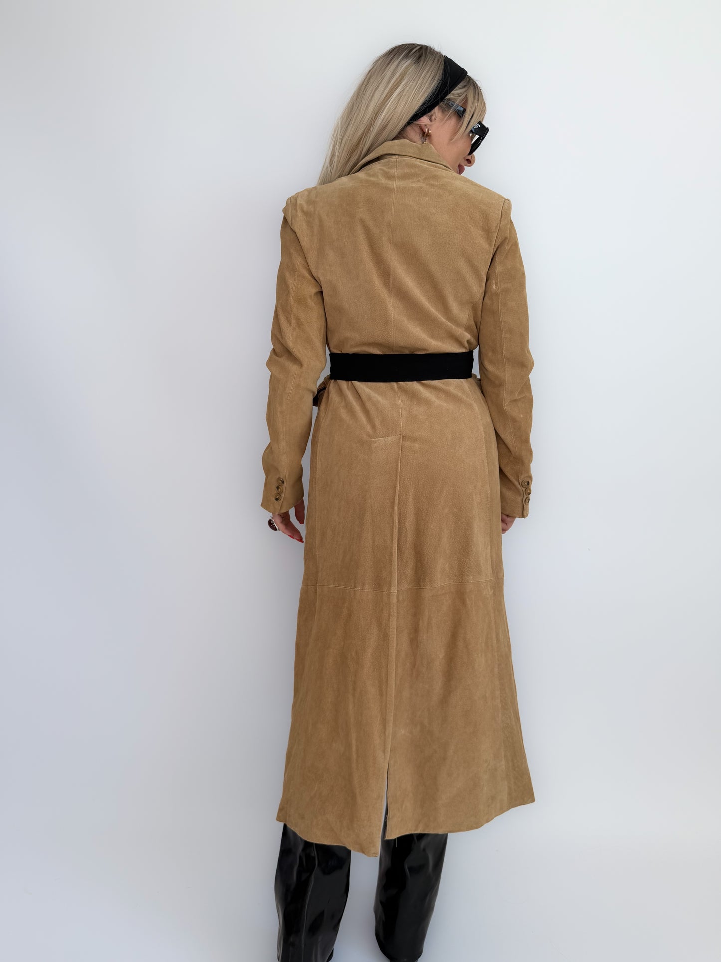 Vintage Tan Suede Leather Coat – Full Length Button-Up Long Jacket Genuine Leather