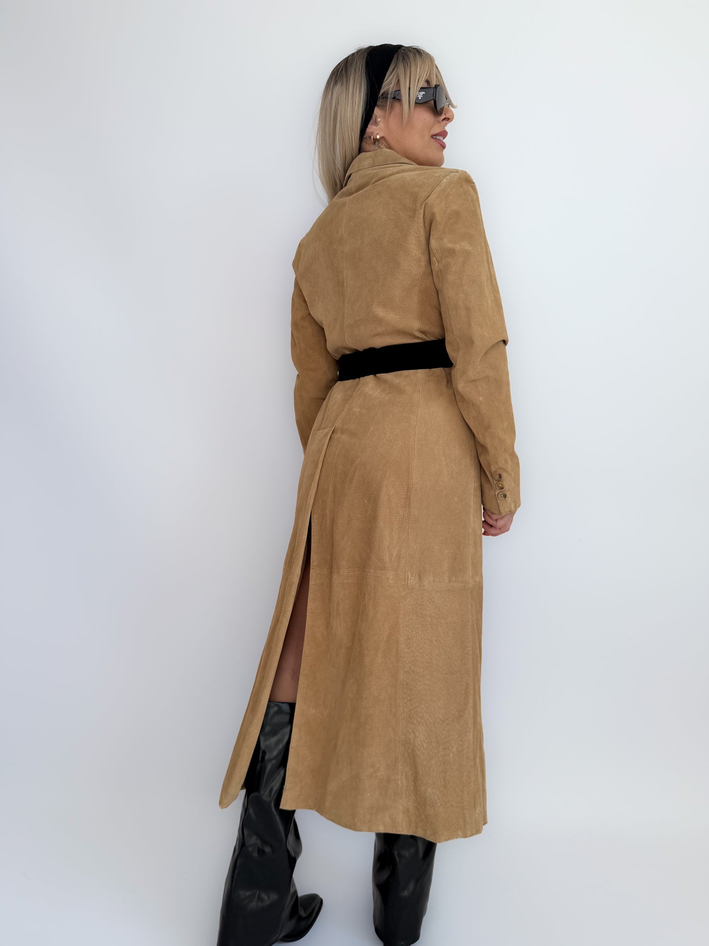 Vintage Tan Suede Leather Coat – Full Length Button-Up Long Jacket Genuine Leather