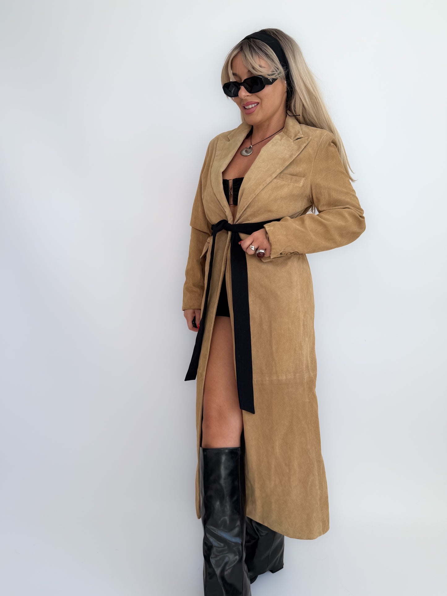 Vintage Tan Suede Leather Coat – Full Length Button-Up Long Jacket Genuine Leather