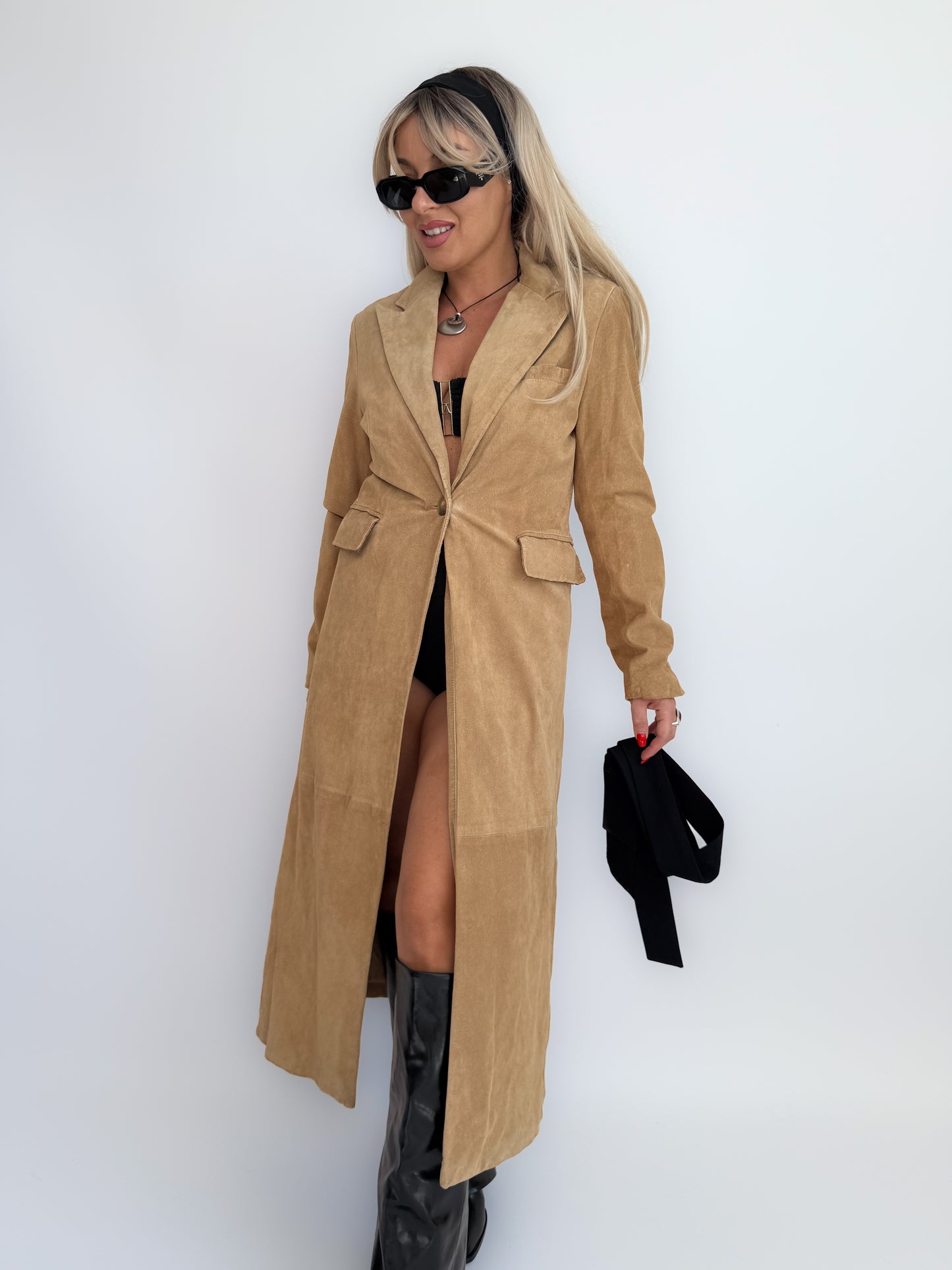 Vintage Tan Suede Leather Coat – Full Length Button-Up Long Jacket Genuine Leather