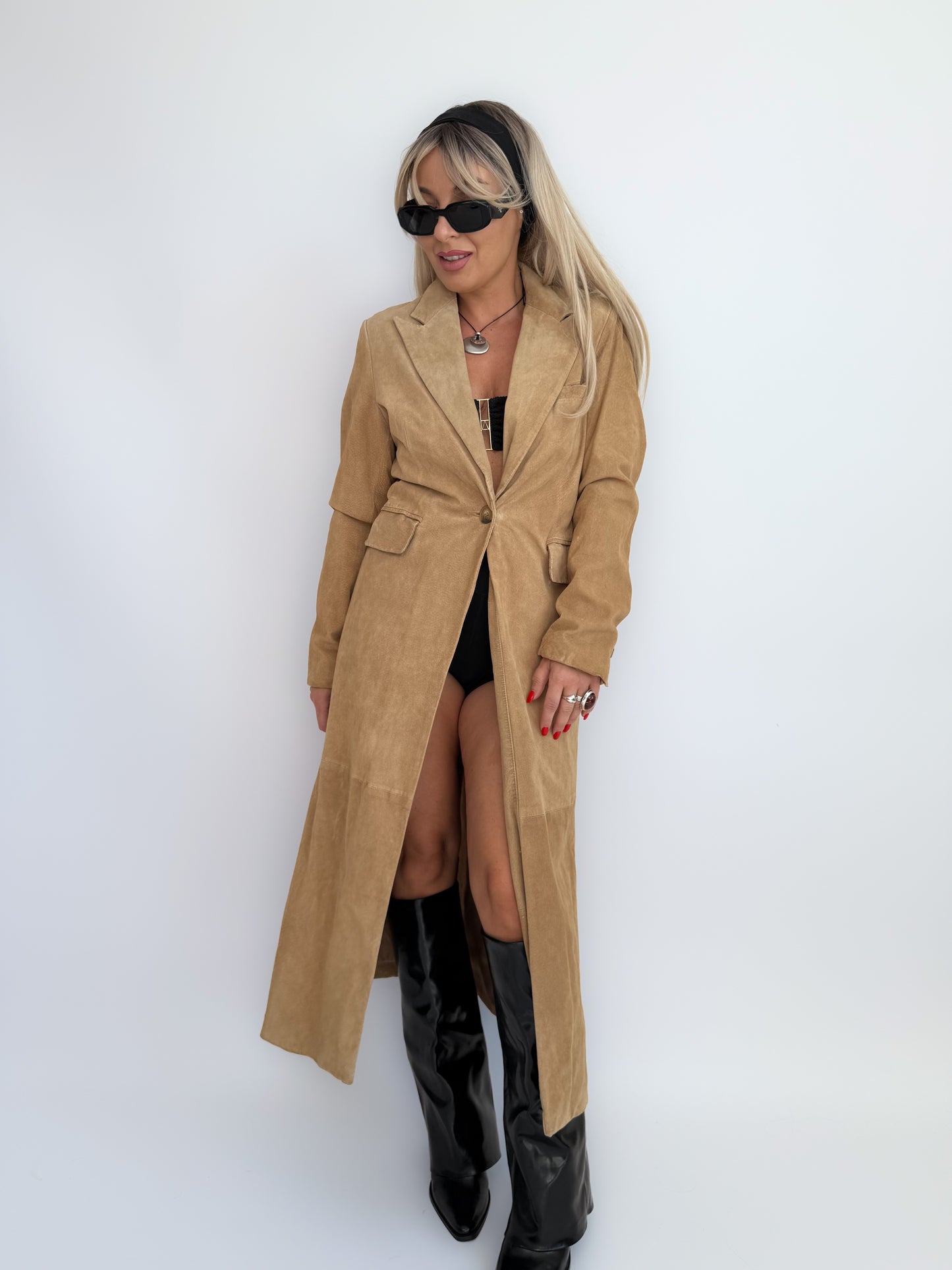 Vintage Tan Suede Leather Coat – Full Length Button-Up Long Jacket Genuine Leather