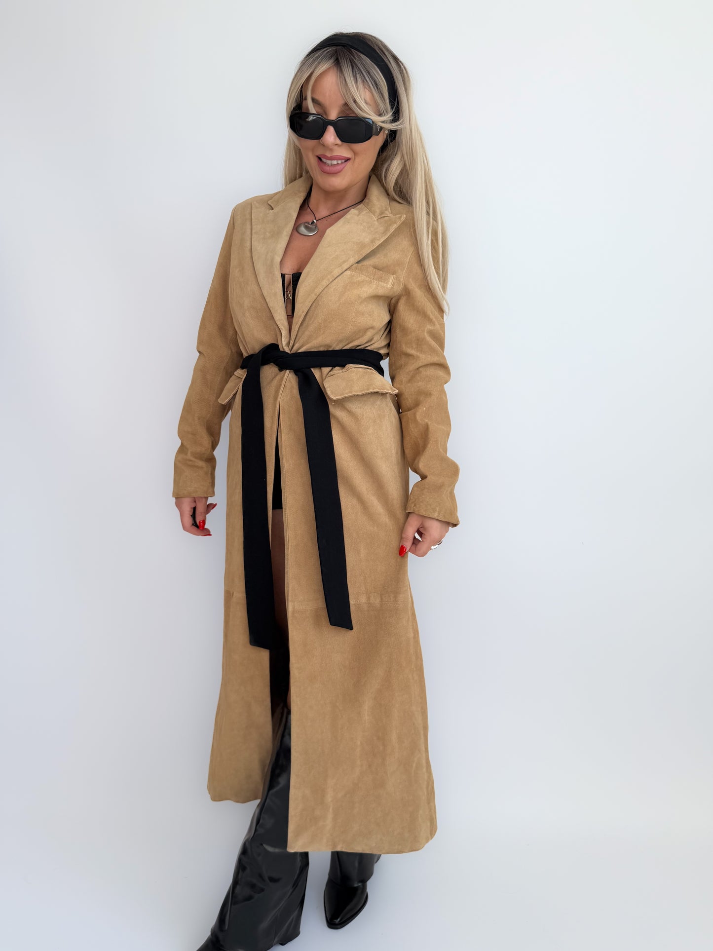 Vintage Tan Suede Leather Coat – Full Length Button-Up Long Jacket Genuine Leather