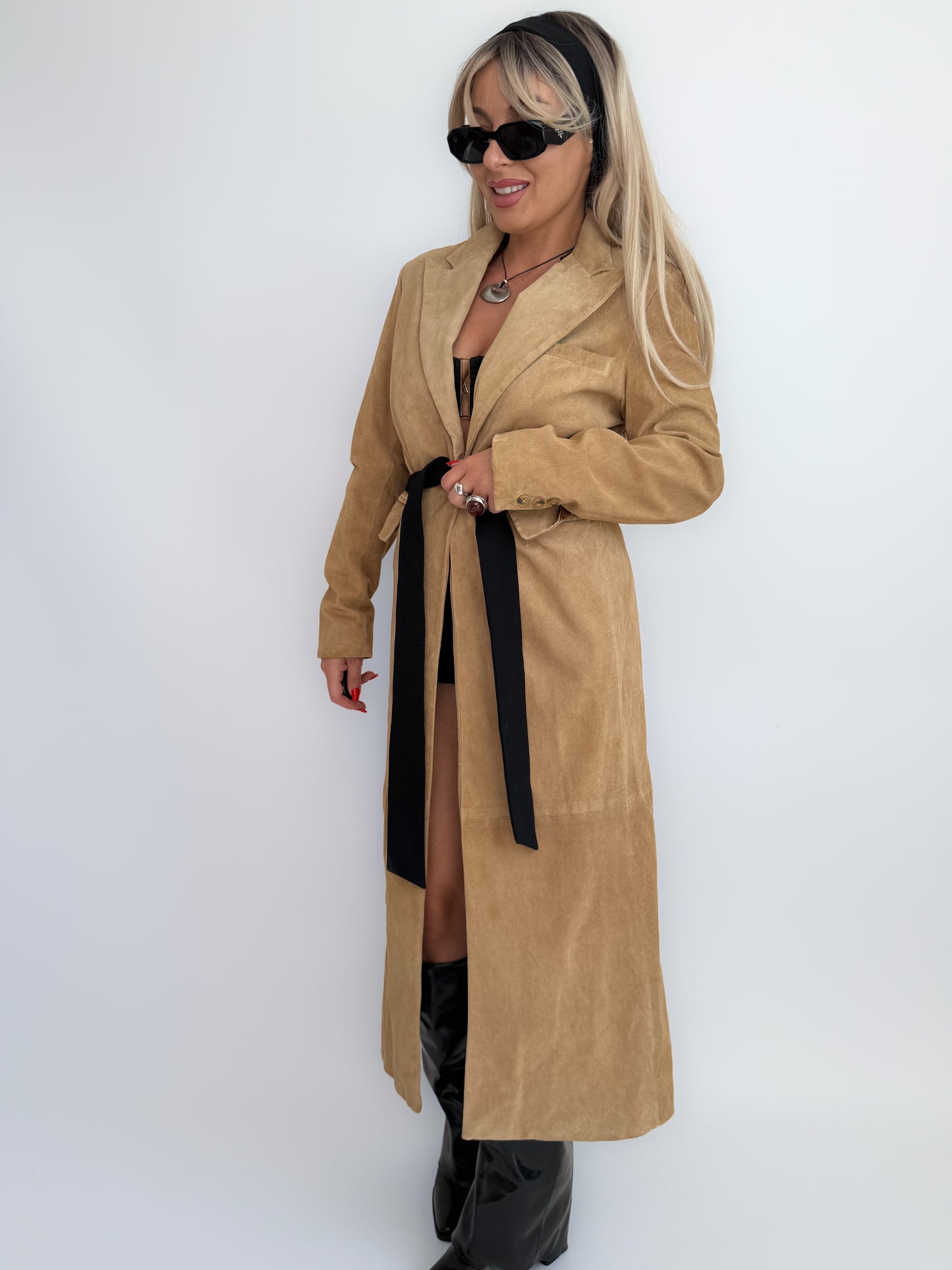 Vintage Tan Suede Leather Coat – Full Length Button-Up Long Jacket Genuine Leather