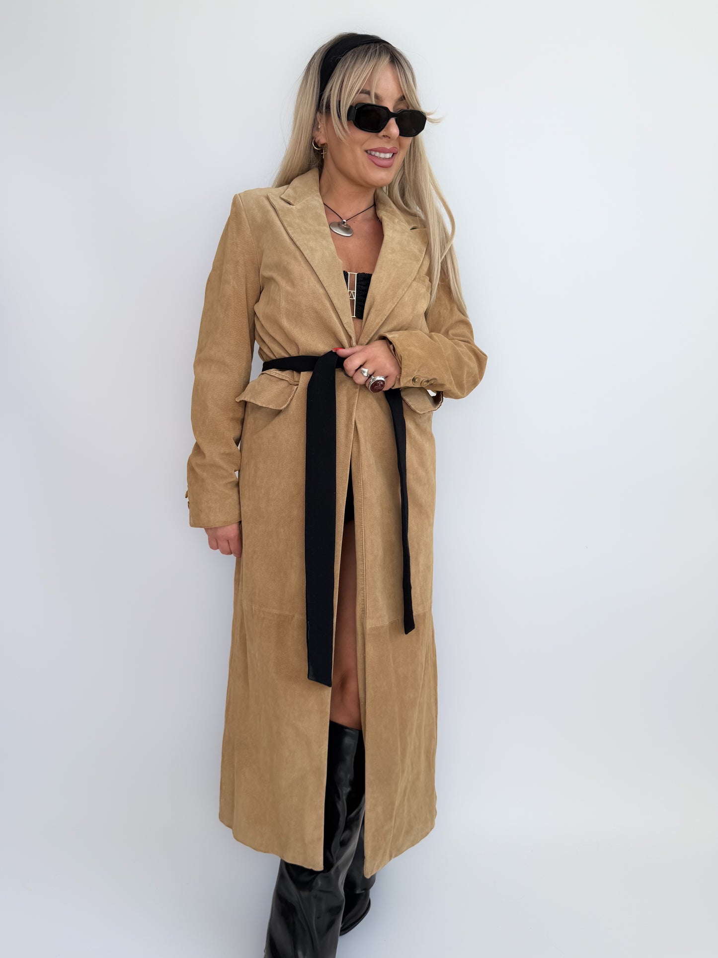 Vintage Tan Suede Leather Coat – Full Length Button-Up Long Jacket Genuine Leather