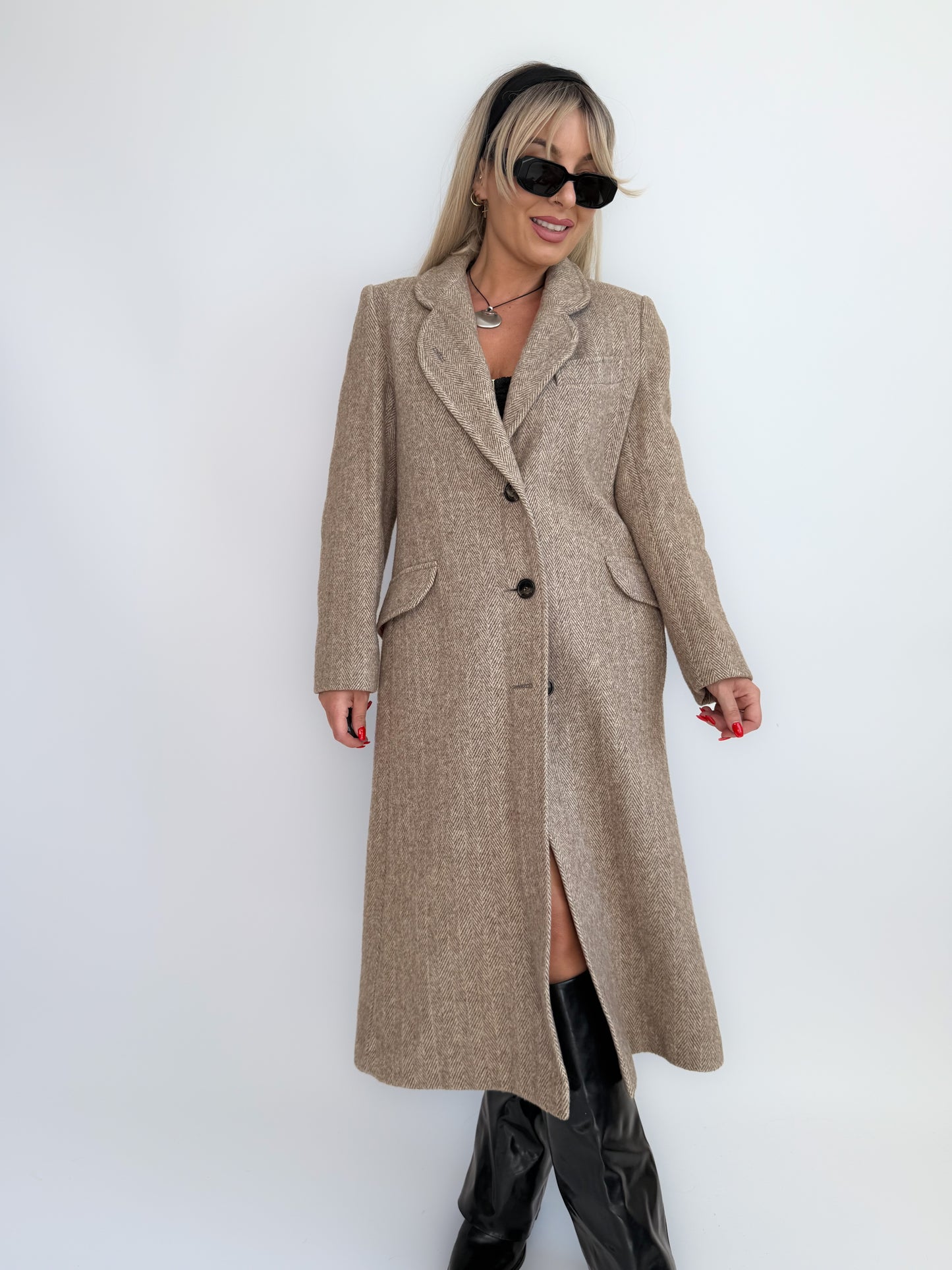 Vintage Taupe Wool Blend Mid-Length Coat – Single Breasted Tailored Fall Jacket S