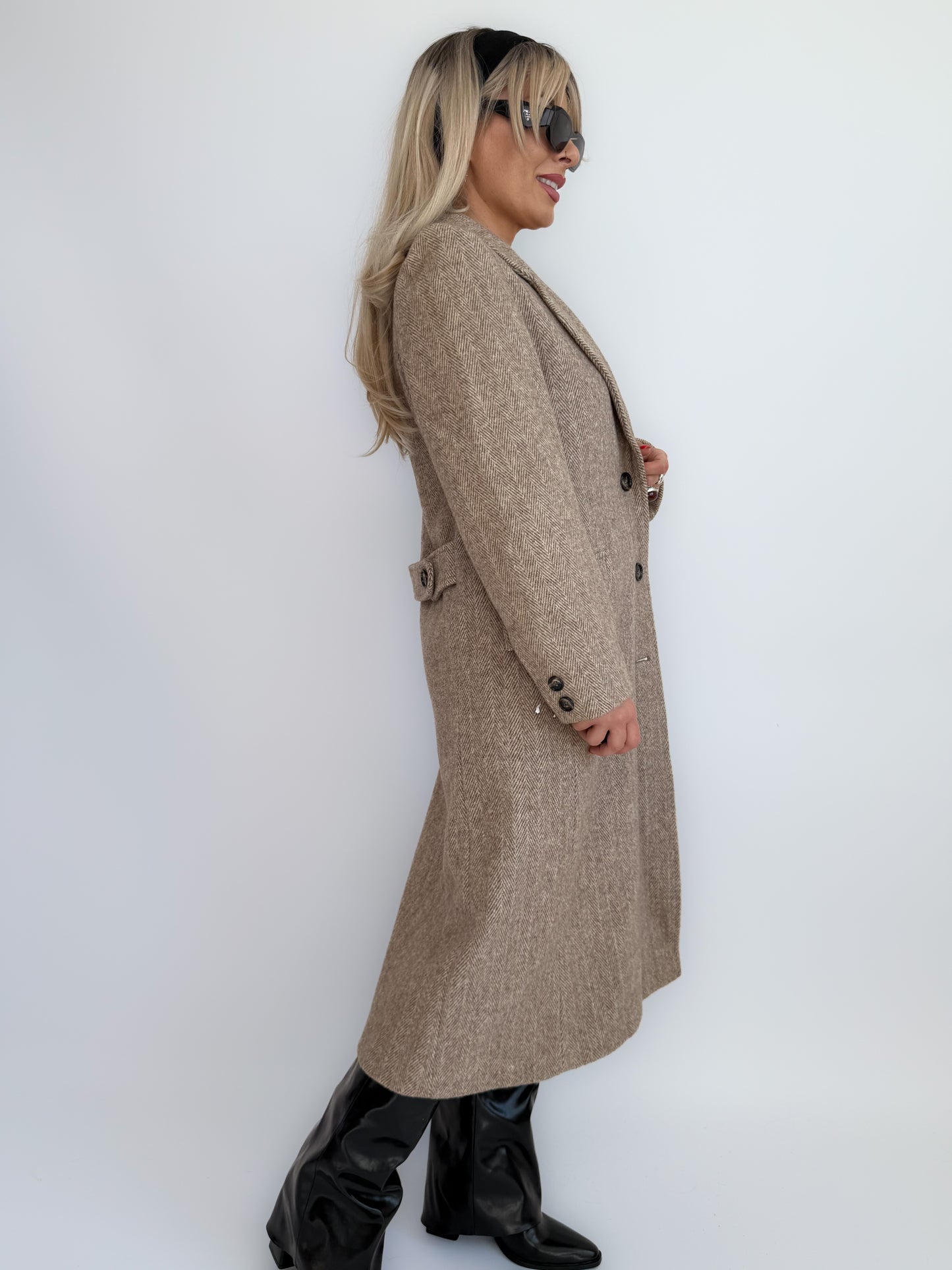 Vintage Taupe Wool Blend Mid-Length Coat – Single Breasted Tailored Fall Jacket S