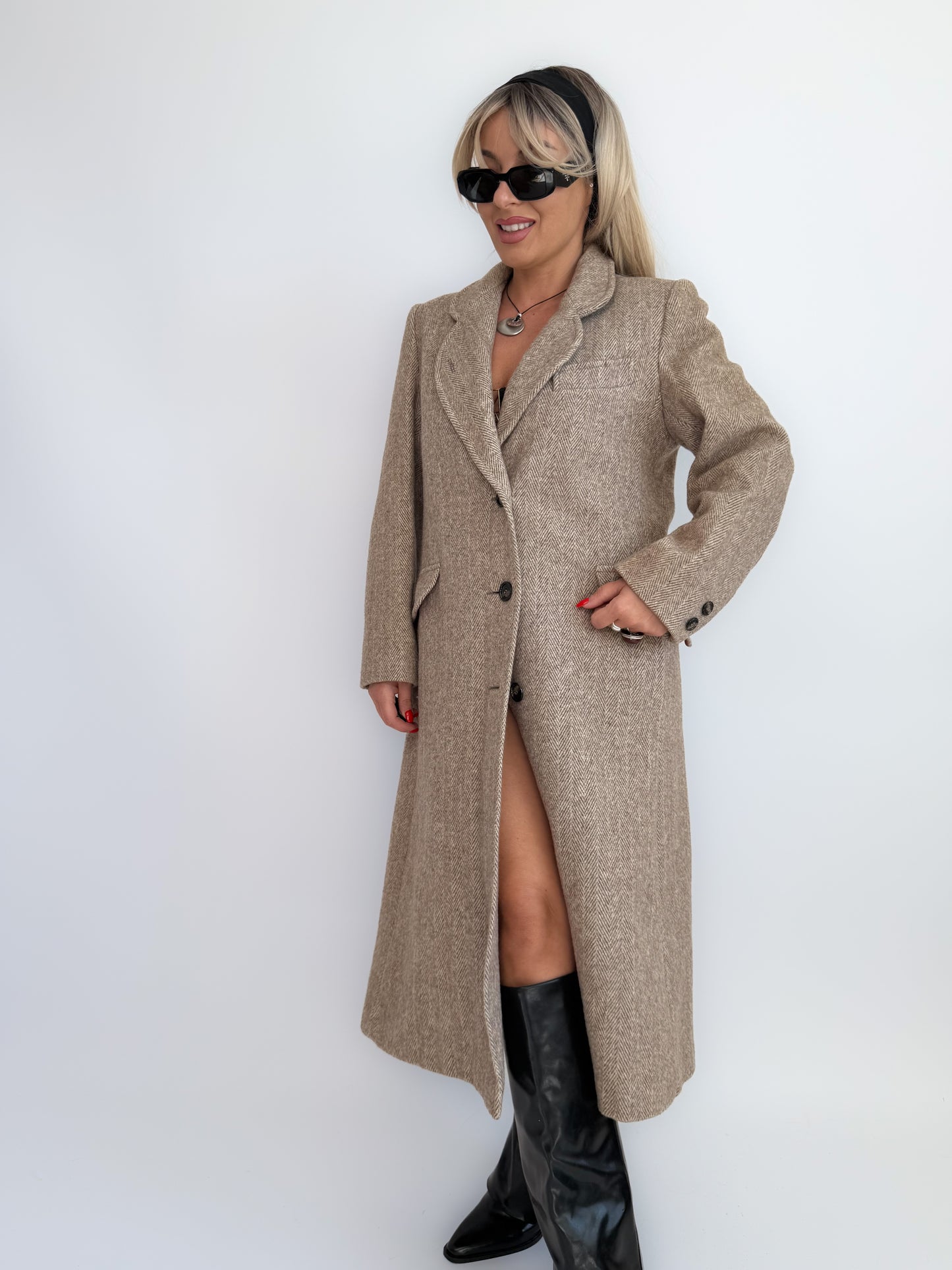 Vintage Taupe Wool Blend Mid-Length Coat – Single Breasted Tailored Fall Jacket S
