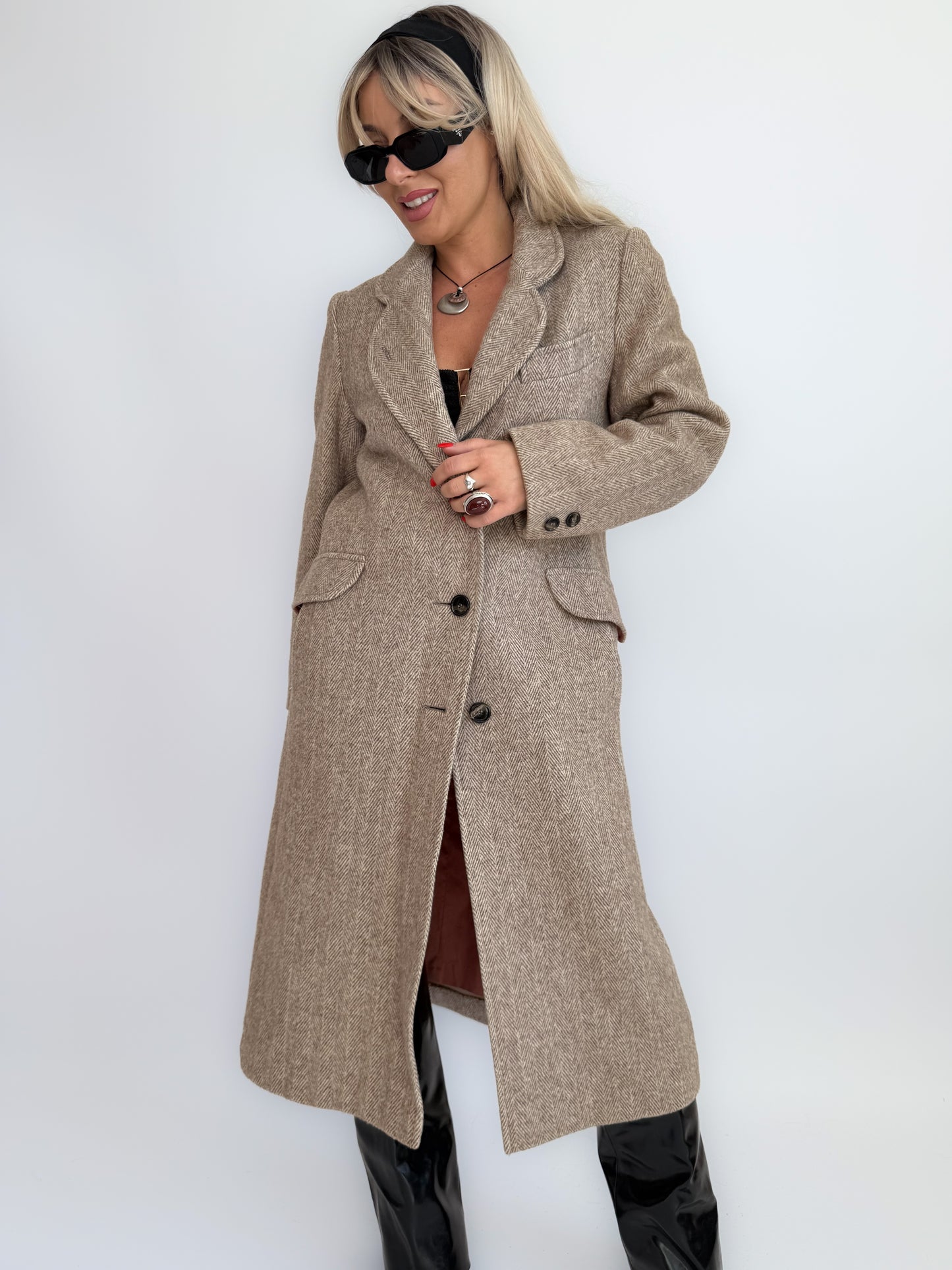 Vintage Taupe Wool Blend Mid-Length Coat – Single Breasted Tailored Fall Jacket S