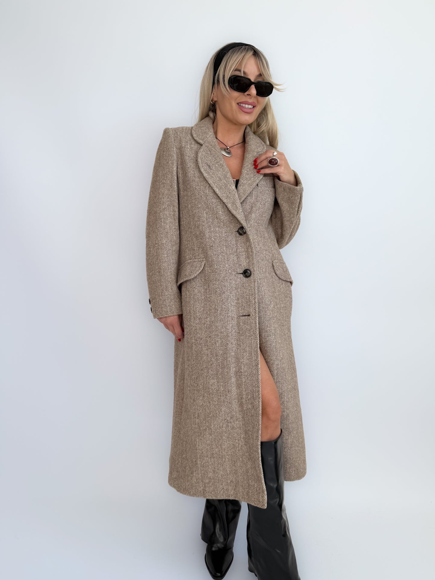 Vintage Taupe Wool Blend Mid-Length Coat – Single Breasted Tailored Fall Jacket S