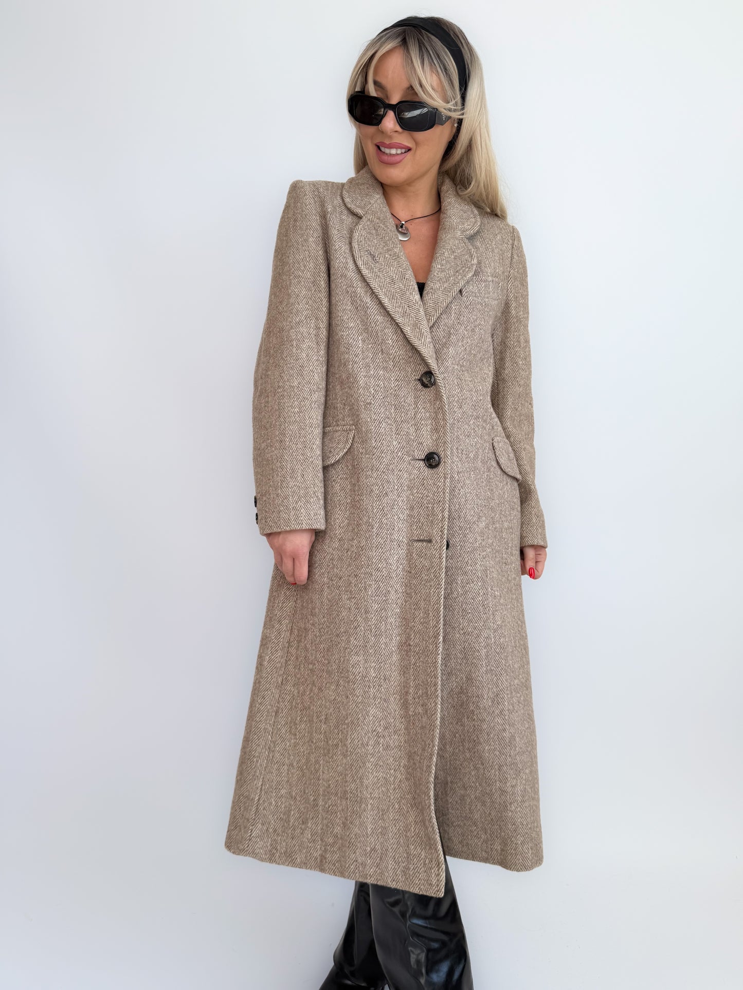 Vintage Taupe Wool Blend Mid-Length Coat – Single Breasted Tailored Fall Jacket S