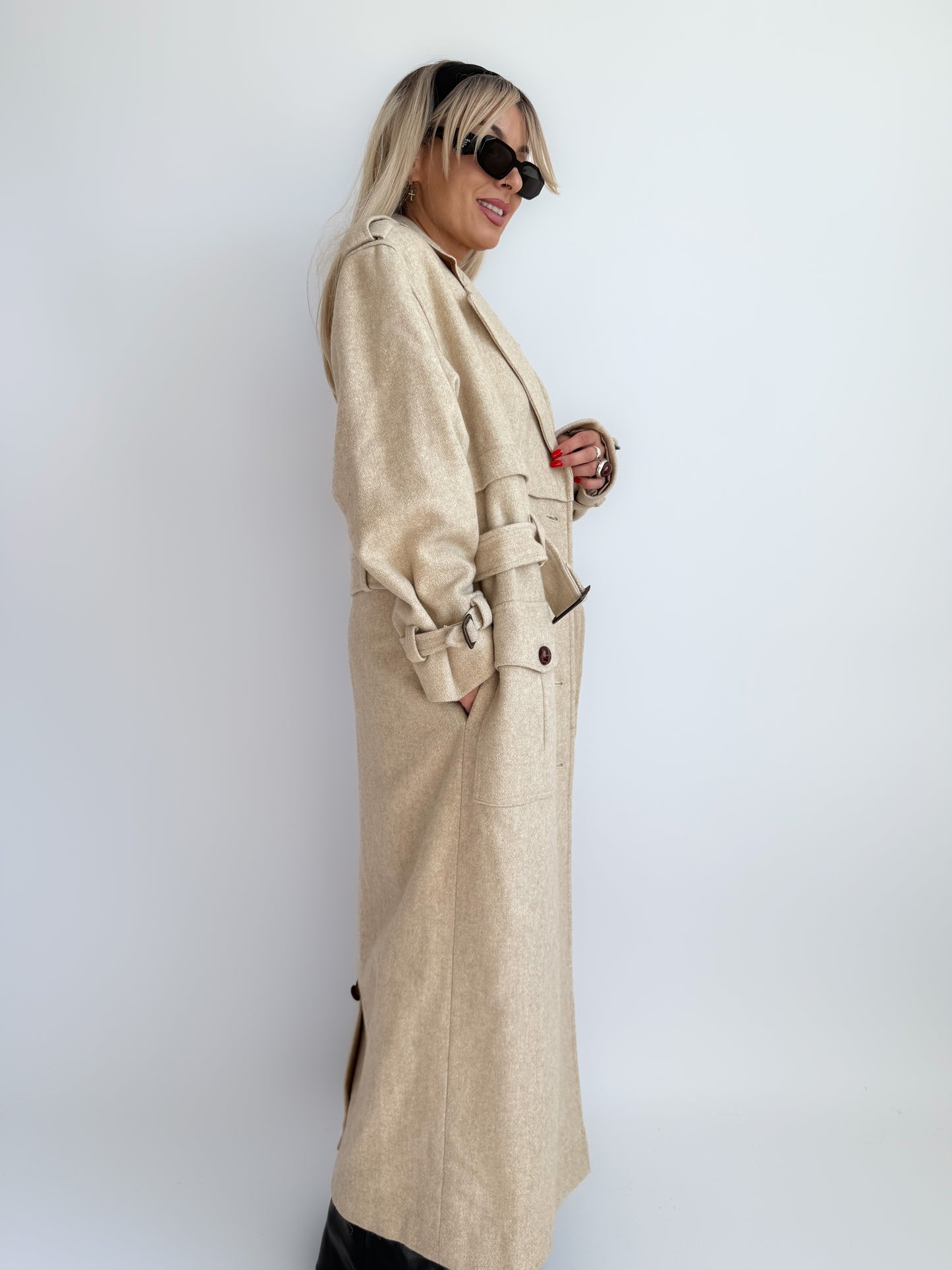 Vintage 90s Ivory Cream Wool Blend Long Trench Coat with Leather Trim S-M