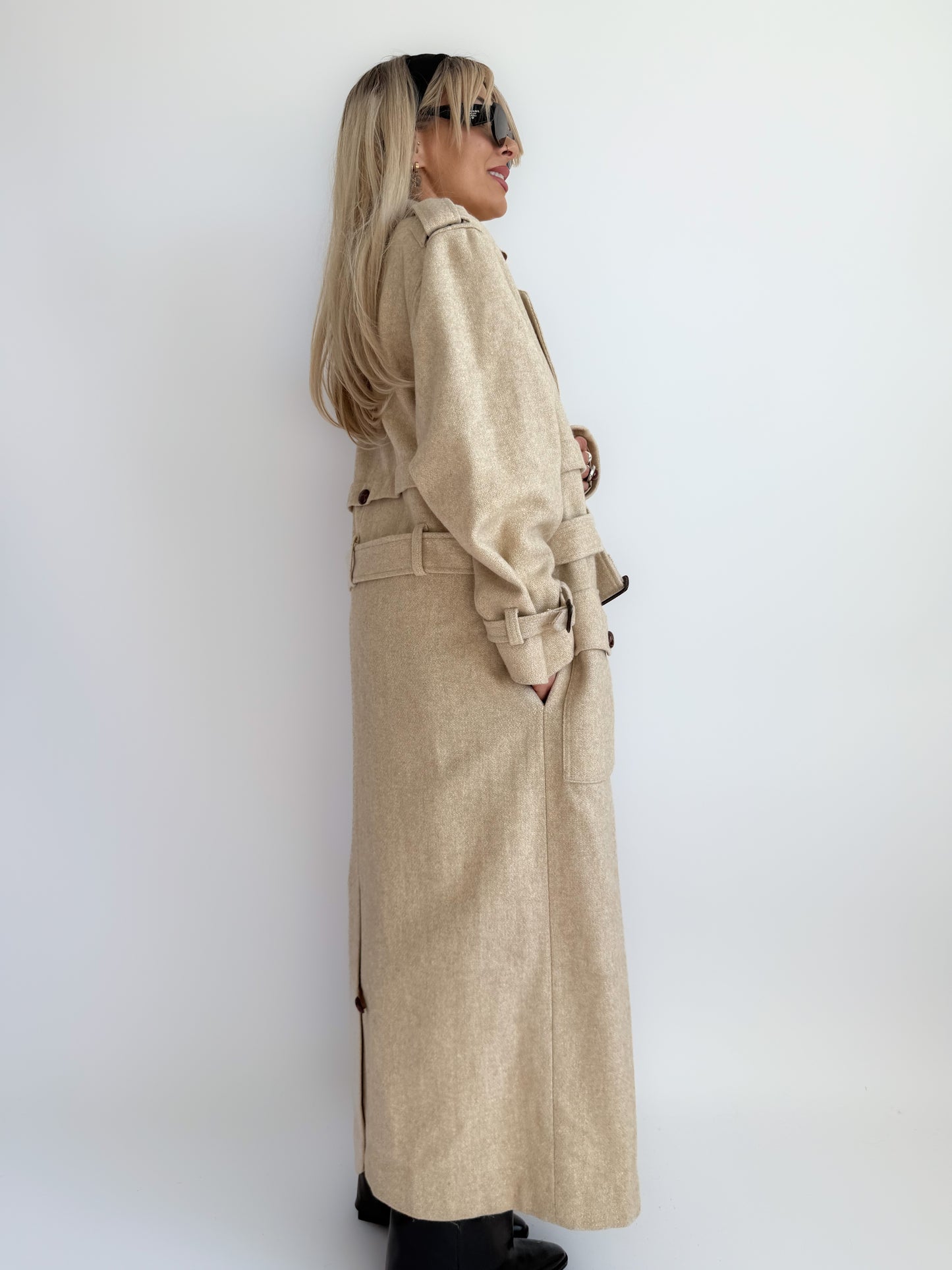 Vintage 90s Ivory Cream Wool Blend Long Trench Coat with Leather Trim S-M