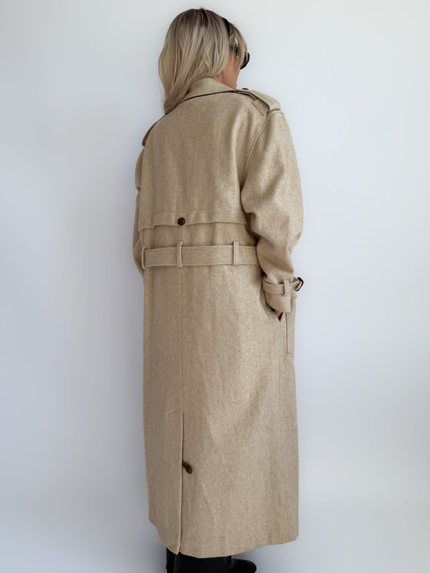 Vintage 90s Ivory Cream Wool Blend Long Trench Coat with Leather Trim S-M