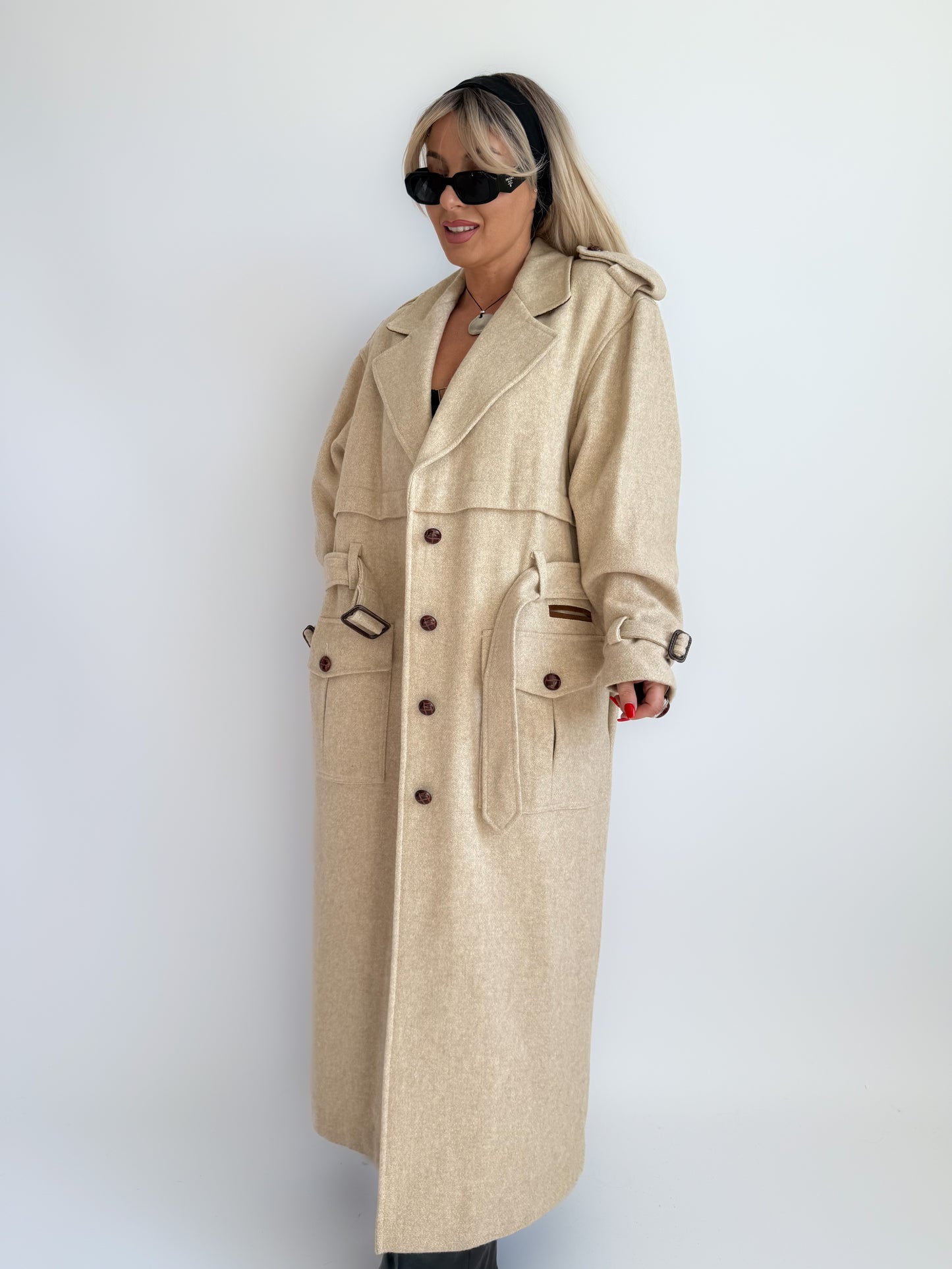 Vintage 90s Ivory Cream Wool Blend Long Trench Coat with Leather Trim S-M