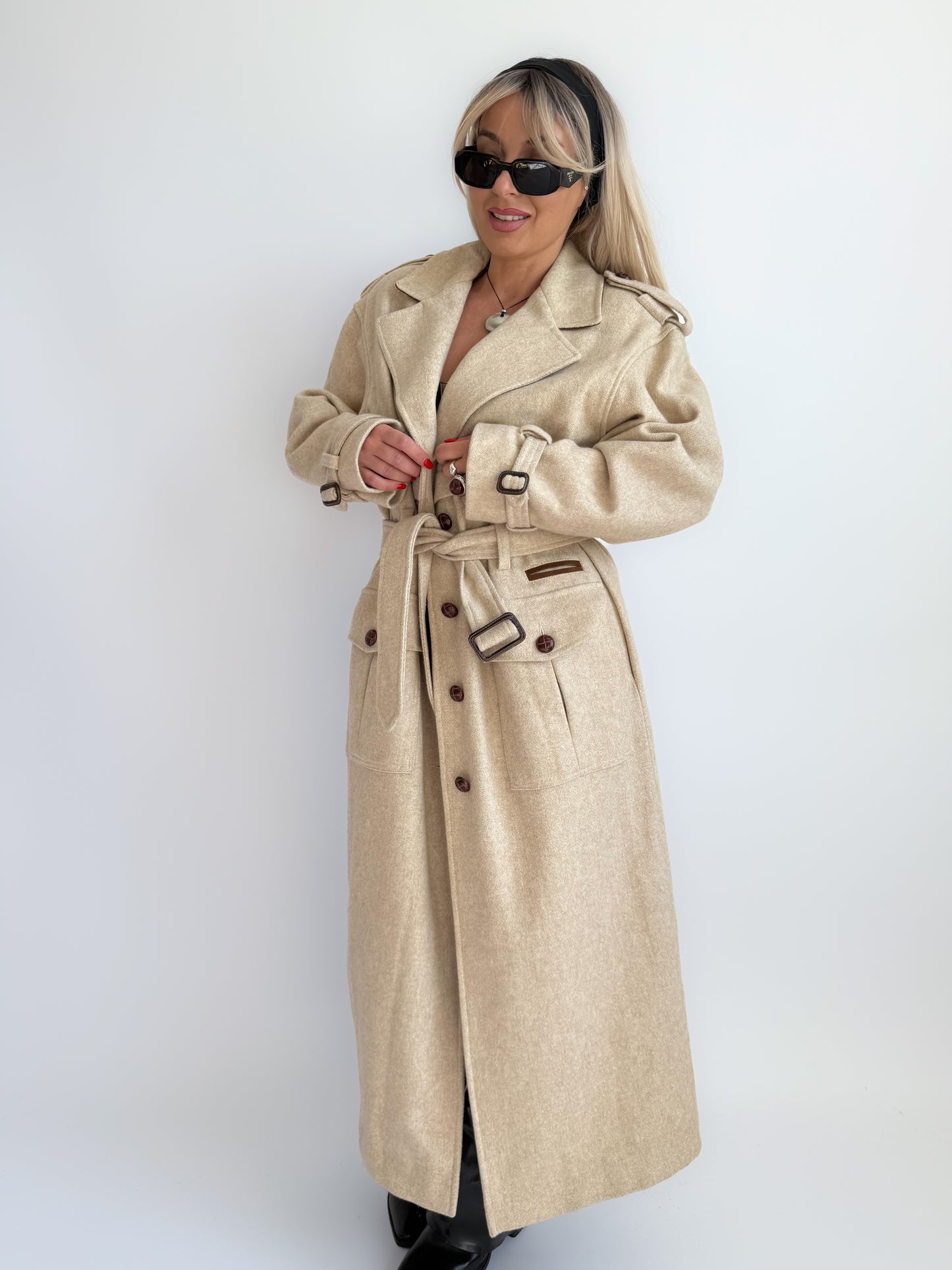 Vintage 90s Ivory Cream Wool Blend Long Trench Coat with Leather Trim S-M