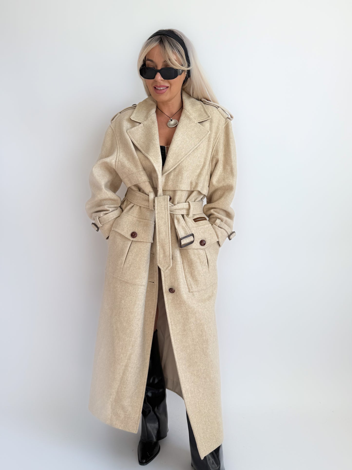 Vintage 90s Ivory Cream Wool Blend Long Trench Coat with Leather Trim S-M