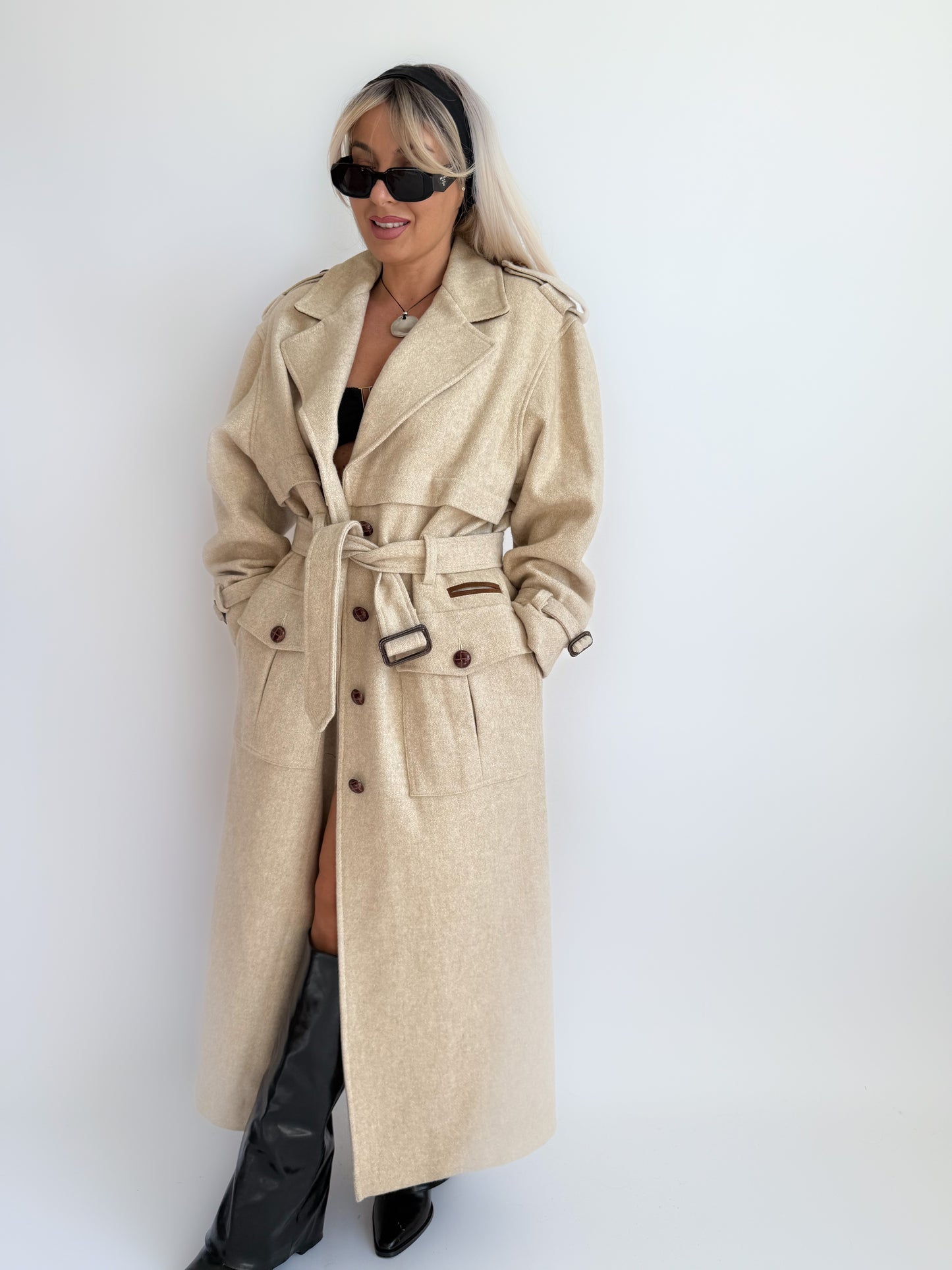Vintage 90s Ivory Cream Wool Blend Long Trench Coat with Leather Trim S-M