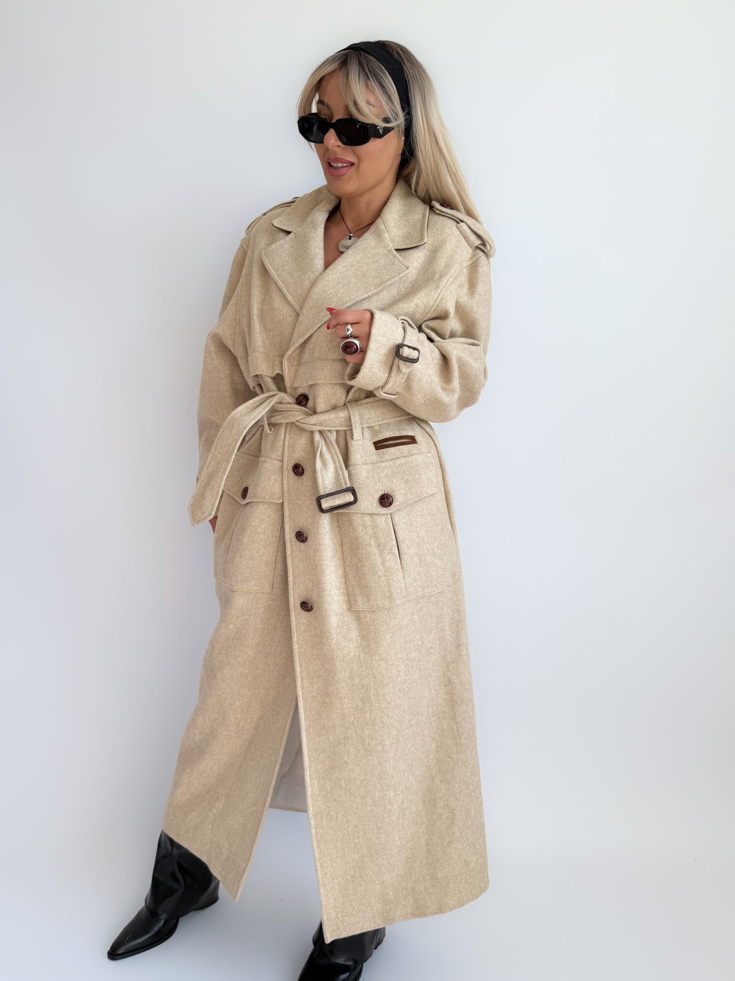 Vintage 90s Ivory Cream Wool Blend Long Trench Coat with Leather Trim S-M