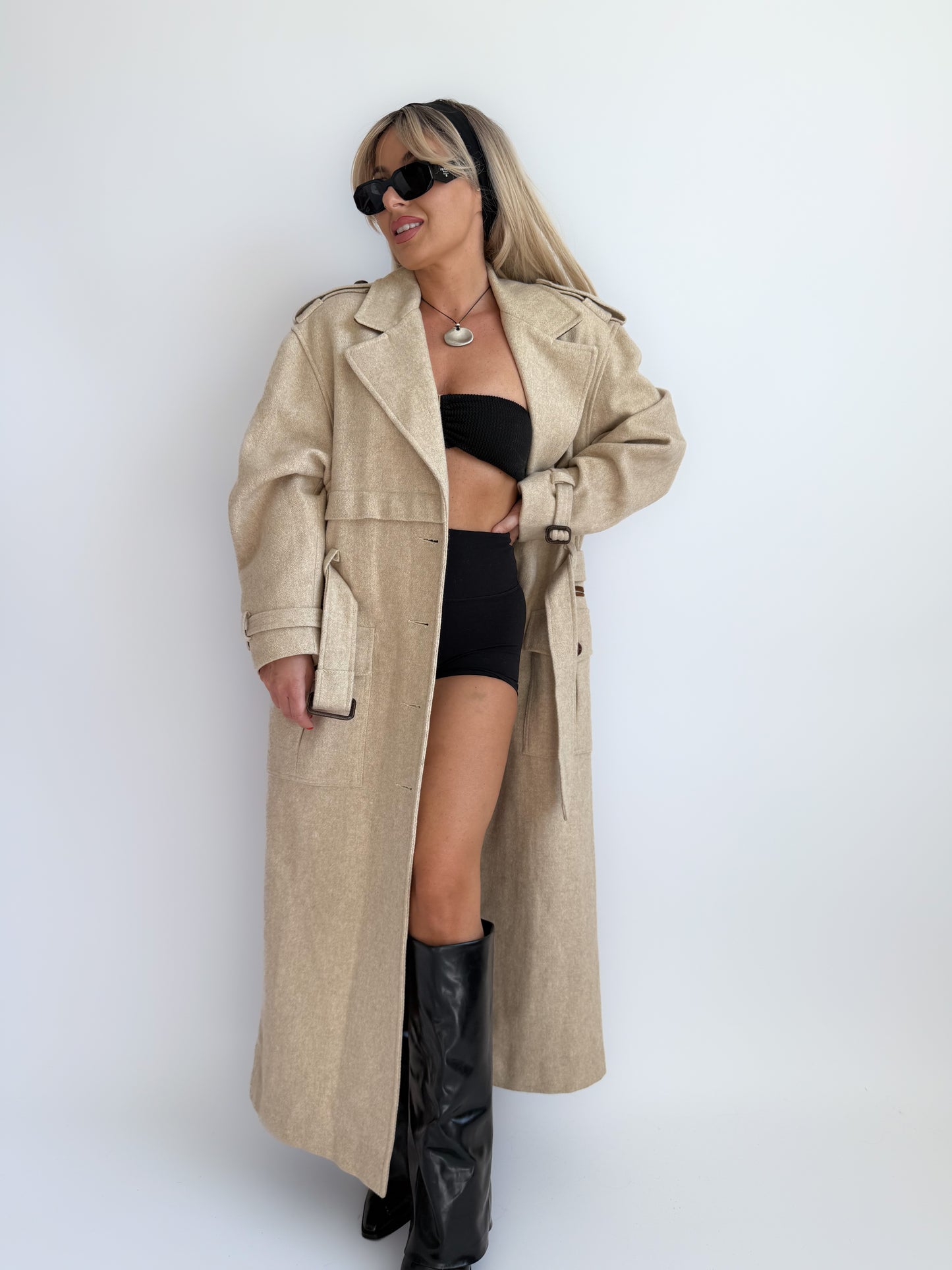 Vintage 90s Ivory Cream Wool Blend Long Trench Coat with Leather Trim S-M