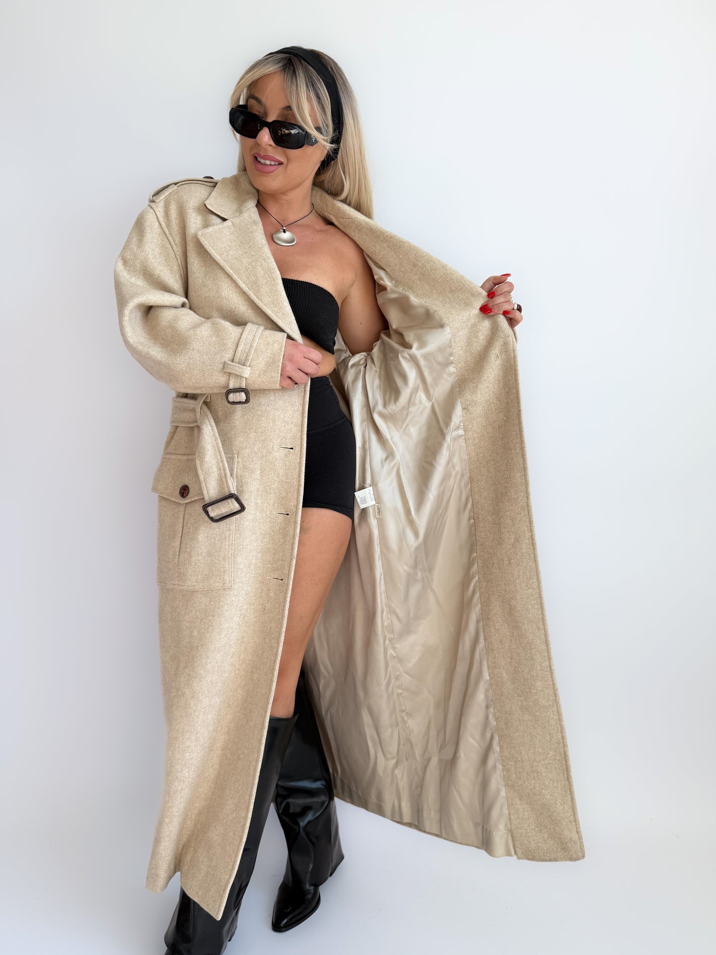Vintage 90s Ivory Cream Wool Blend Long Trench Coat with Leather Trim S-M