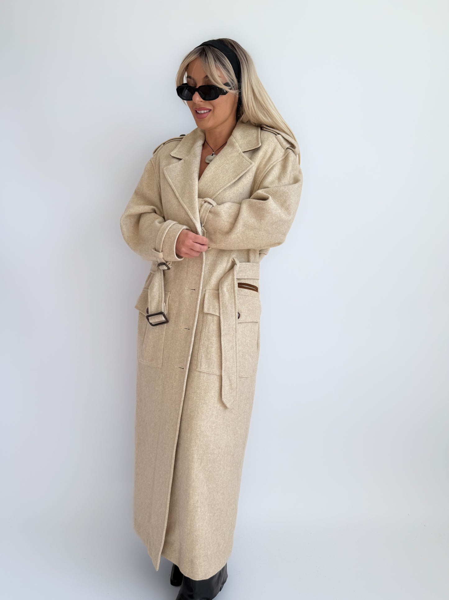 Vintage 90s Ivory Cream Wool Blend Long Trench Coat with Leather Trim S-M
