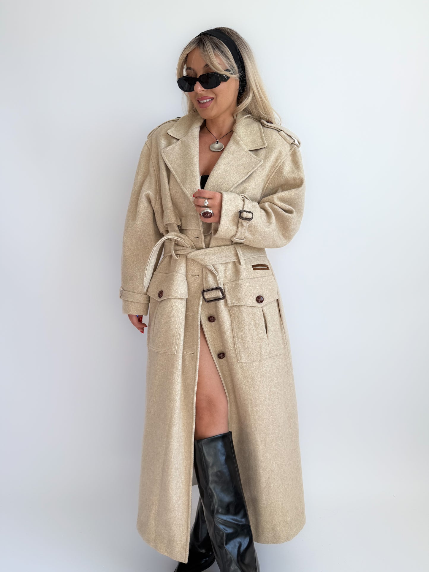 Vintage 90s Ivory Cream Wool Blend Long Trench Coat with Leather Trim S-M