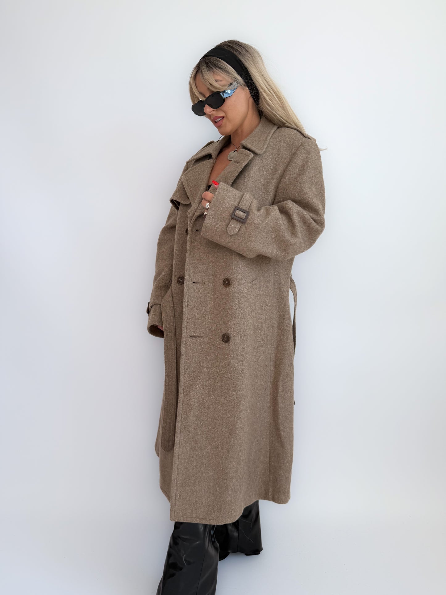 Vintage 90s Wool Blend Double-Breasted Long Trench Coat – Classic Winter Coat M-L