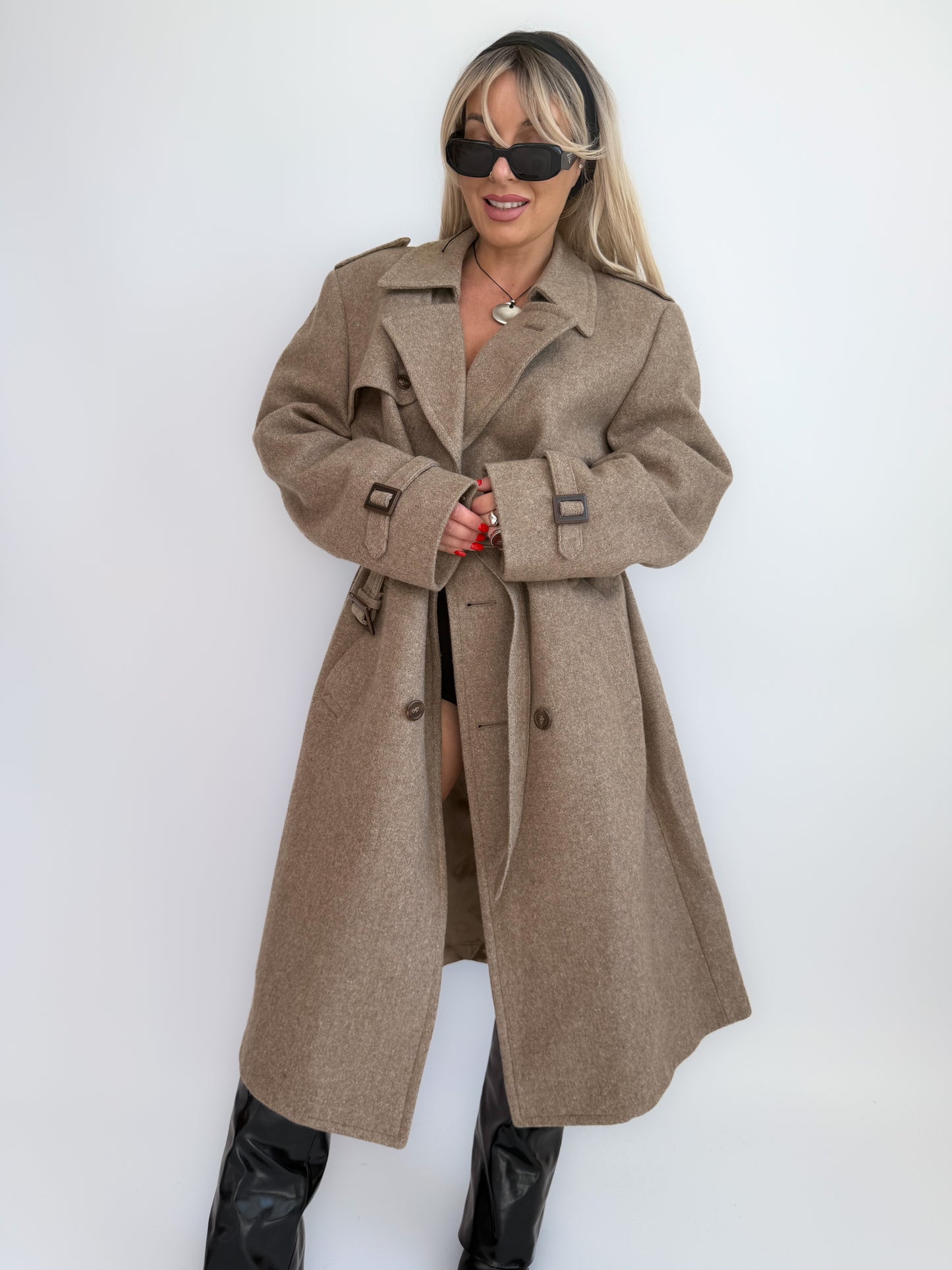 Vintage 90s Wool Blend Double-Breasted Long Trench Coat – Classic Winter Coat M-L