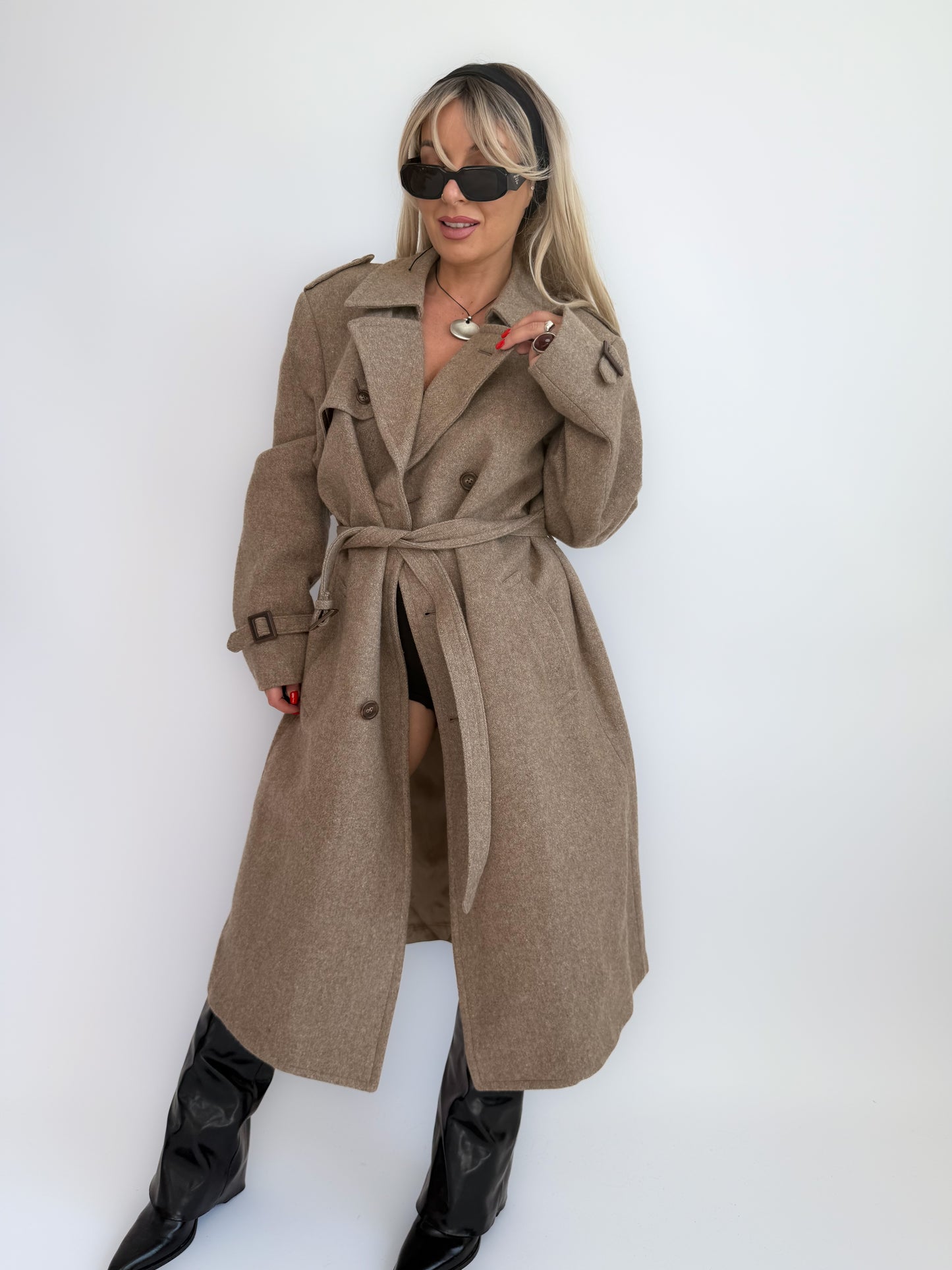 Vintage 90s Wool Blend Double-Breasted Long Trench Coat – Classic Winter Coat M-L