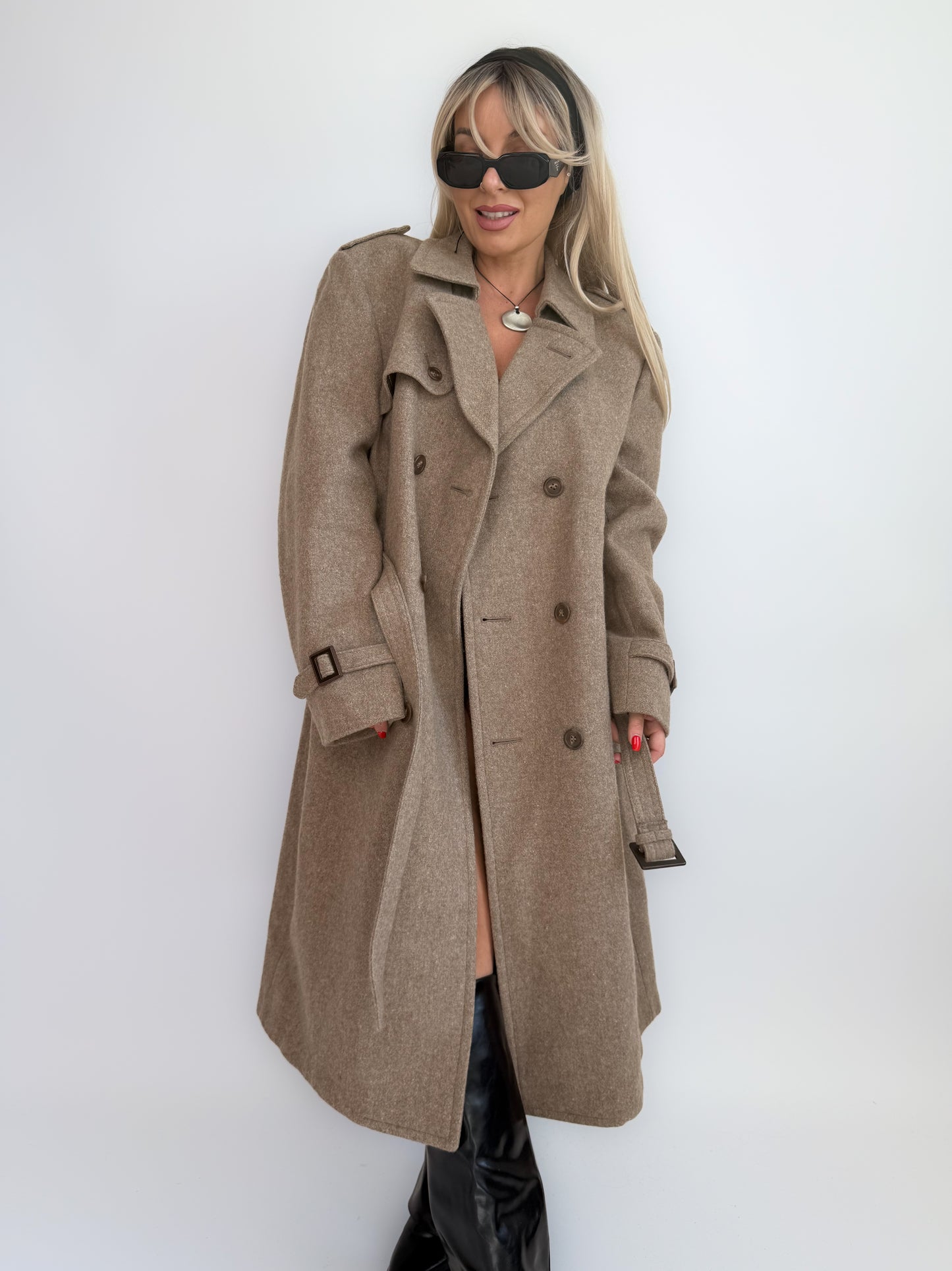 Vintage 90s Wool Blend Double-Breasted Long Trench Coat – Classic Winter Coat M-L