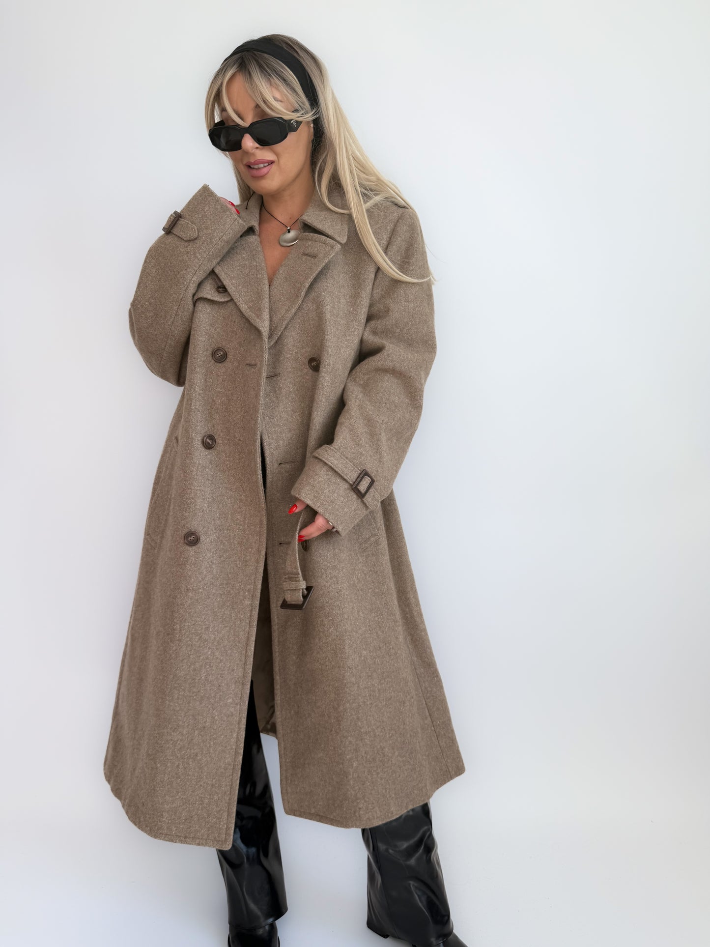 Vintage 90s Wool Blend Double-Breasted Long Trench Coat – Classic Winter Coat M-L