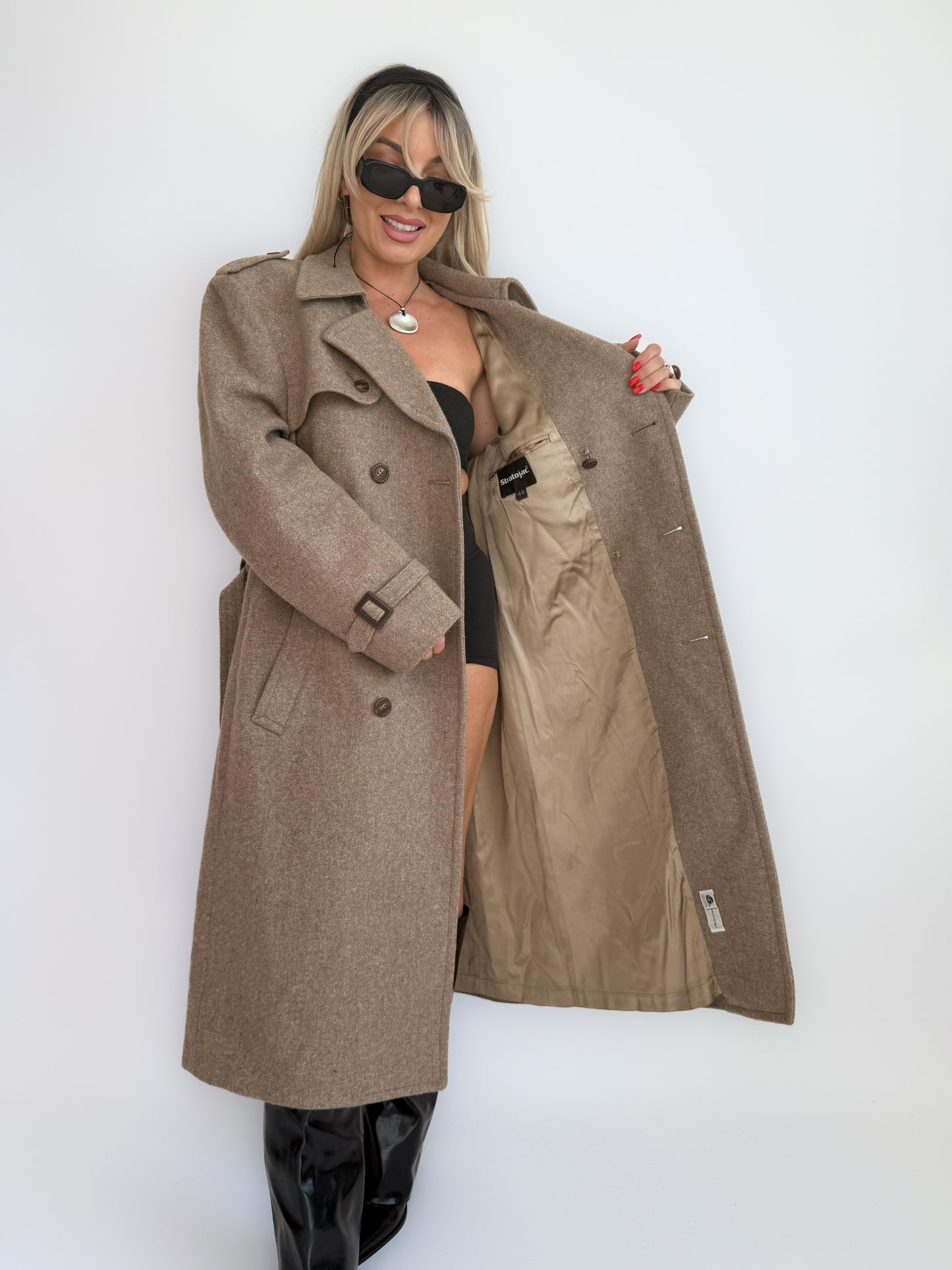 Vintage 90s Wool Blend Double-Breasted Long Trench Coat – Classic Winter Coat M-L