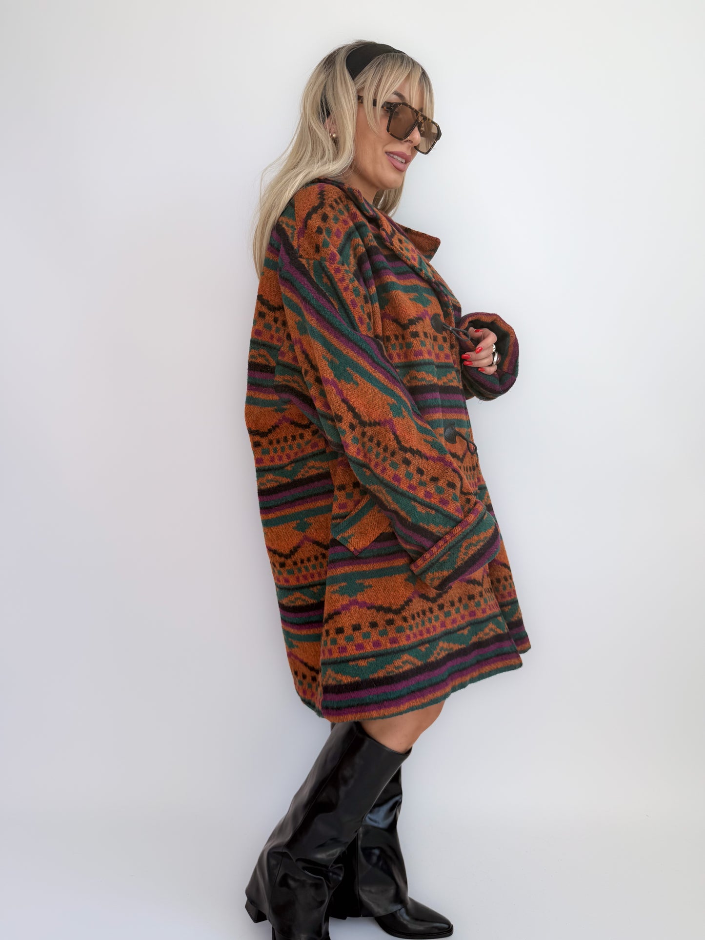 Oversized Aztec Print Vintage Coat – Southwestern Wool Statement Jacket XL-XXL