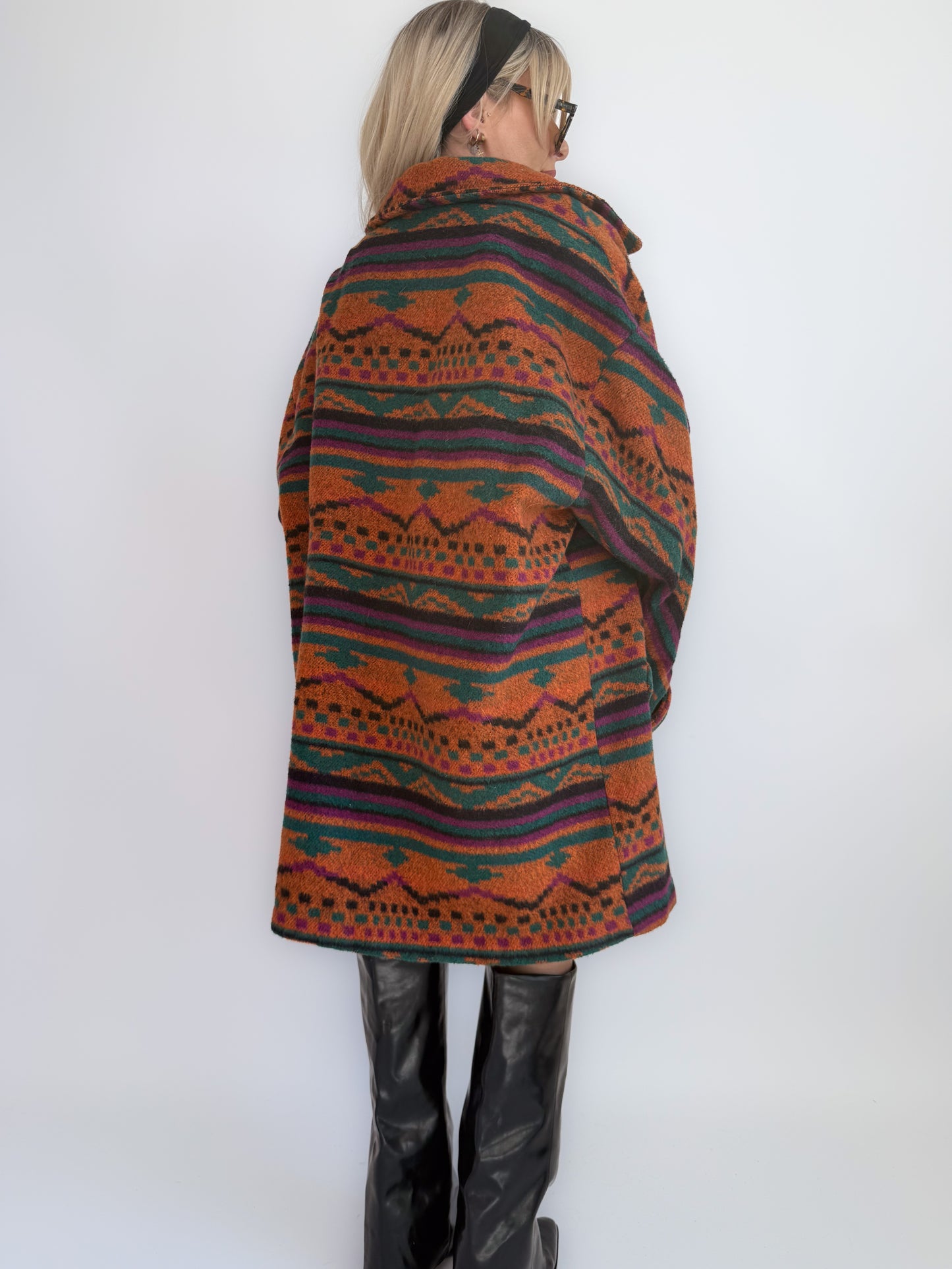 Oversized Aztec Print Vintage Coat – Southwestern Wool Statement Jacket XL-XXL