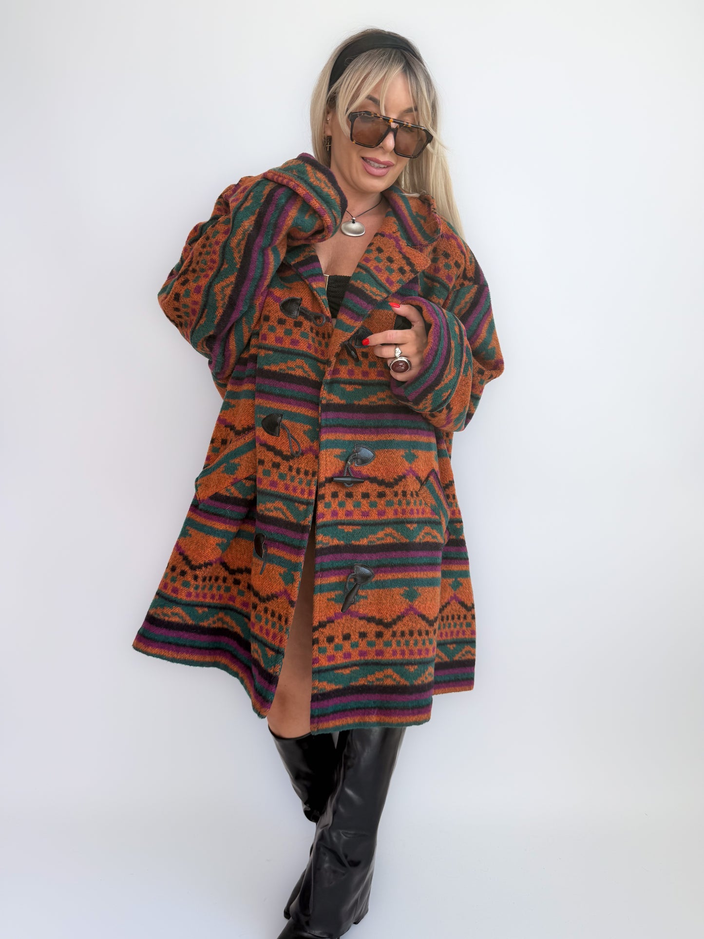 Oversized Aztec Print Vintage Coat – Southwestern Wool Statement Jacket XL-XXL