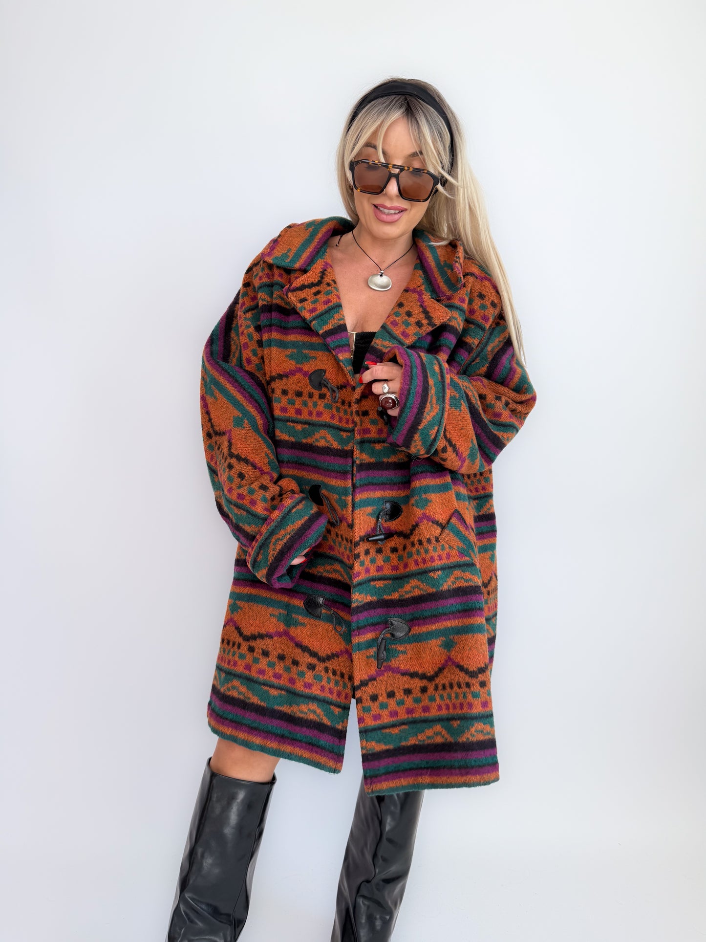 Oversized Aztec Print Vintage Coat – Southwestern Wool Statement Jacket XL-XXL