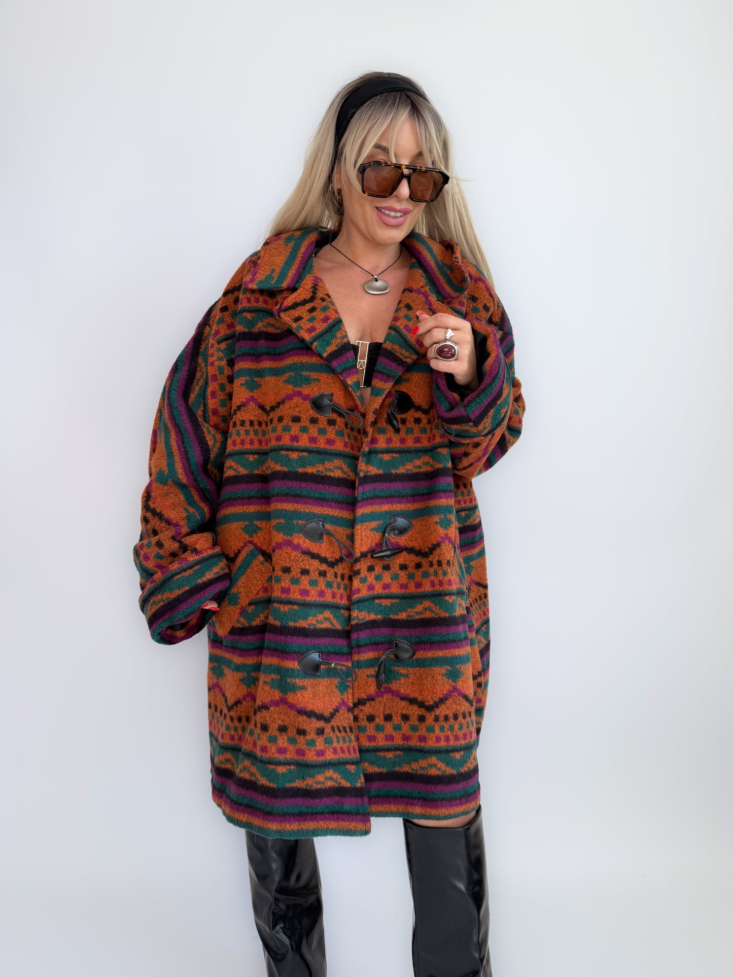 Oversized Aztec Print Vintage Coat – Southwestern Wool Statement Jacket XL-XXL